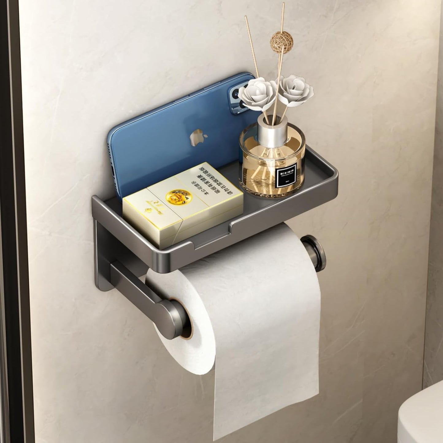 CoralBond Toilet Tissue Roll Paper Holder Gray Phone Shelf Self-Adhesive Screw-in Wall Mount VB012