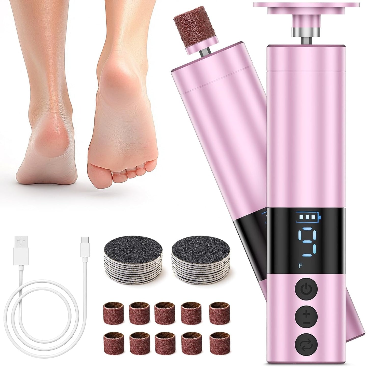 CoralBond Professional 2-in-1 Electric Foot Feet Callus Remover Rose Gold Adjustable Portable Nail File Grinder Kit VB078