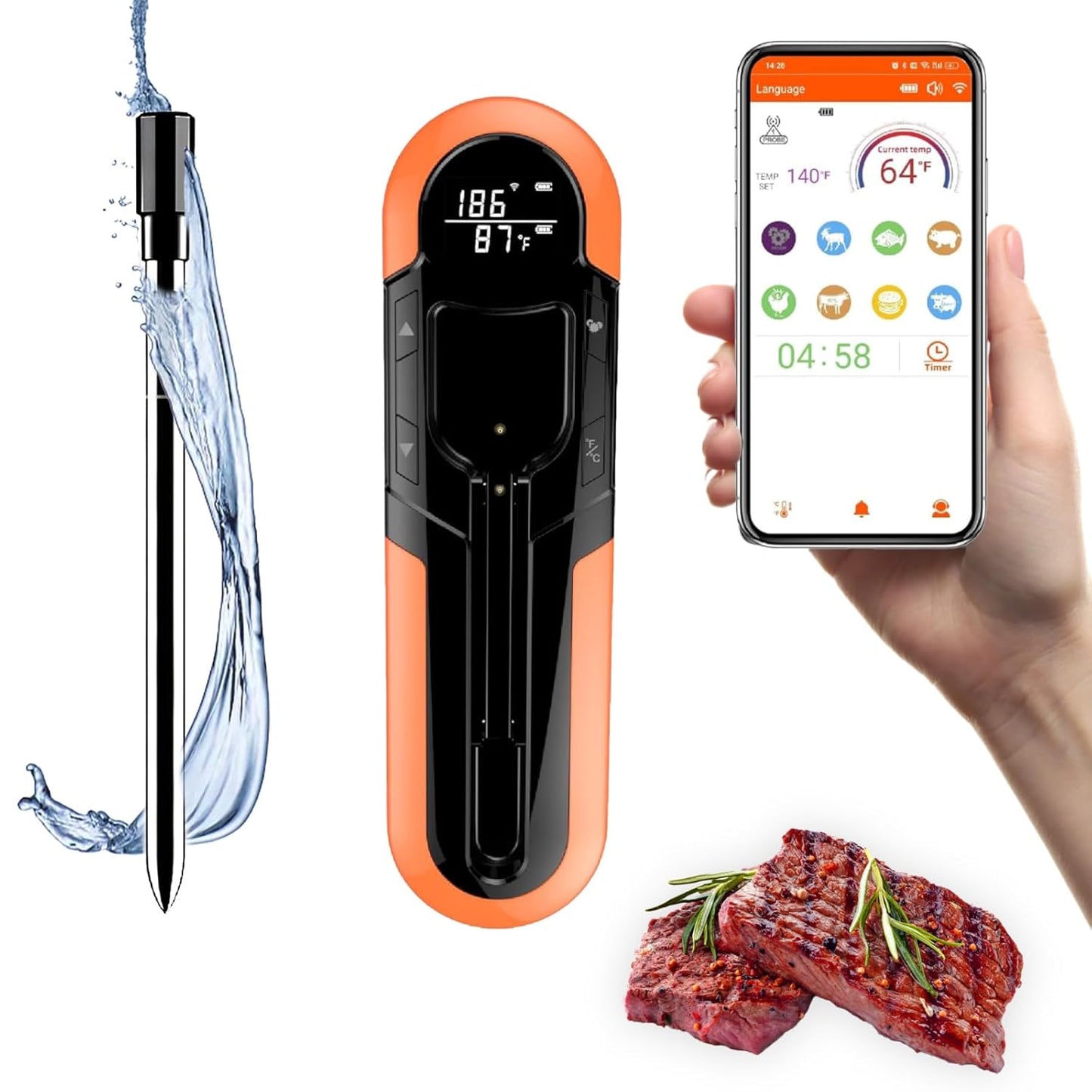 CoralBond Portable Wireless Digital Meat Cooking Thermometer Orange Grilling VB002