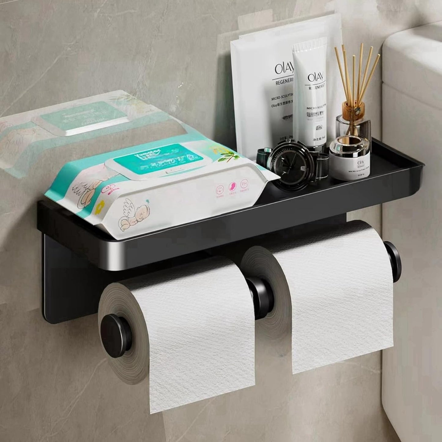 CoralBond Toilet Paper Roll Holder Black Shelf Wall Mount Holder Bathroom Kitchen RV VB014