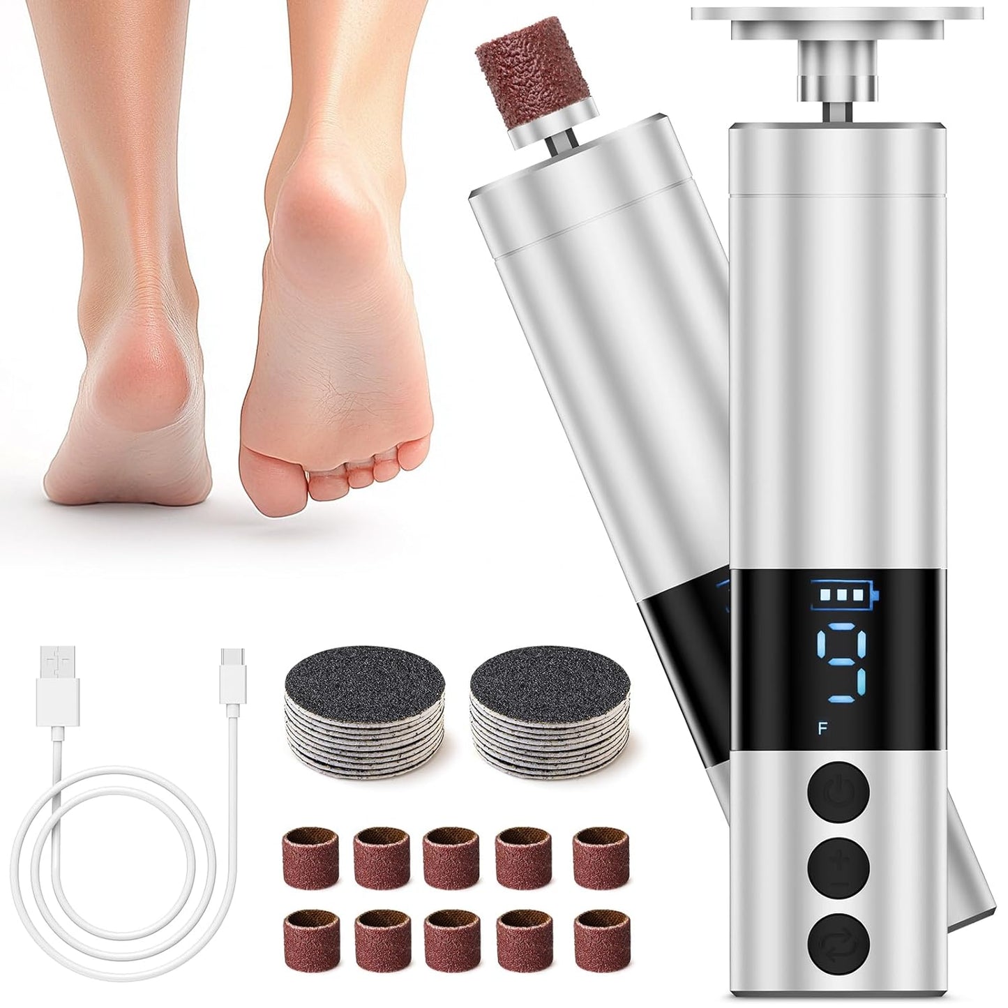 CoralBond Professional 2-in-1 Electric Foot Feet Callus Remover Silver Adjustable Portable Nail File Grinder Kit VB079