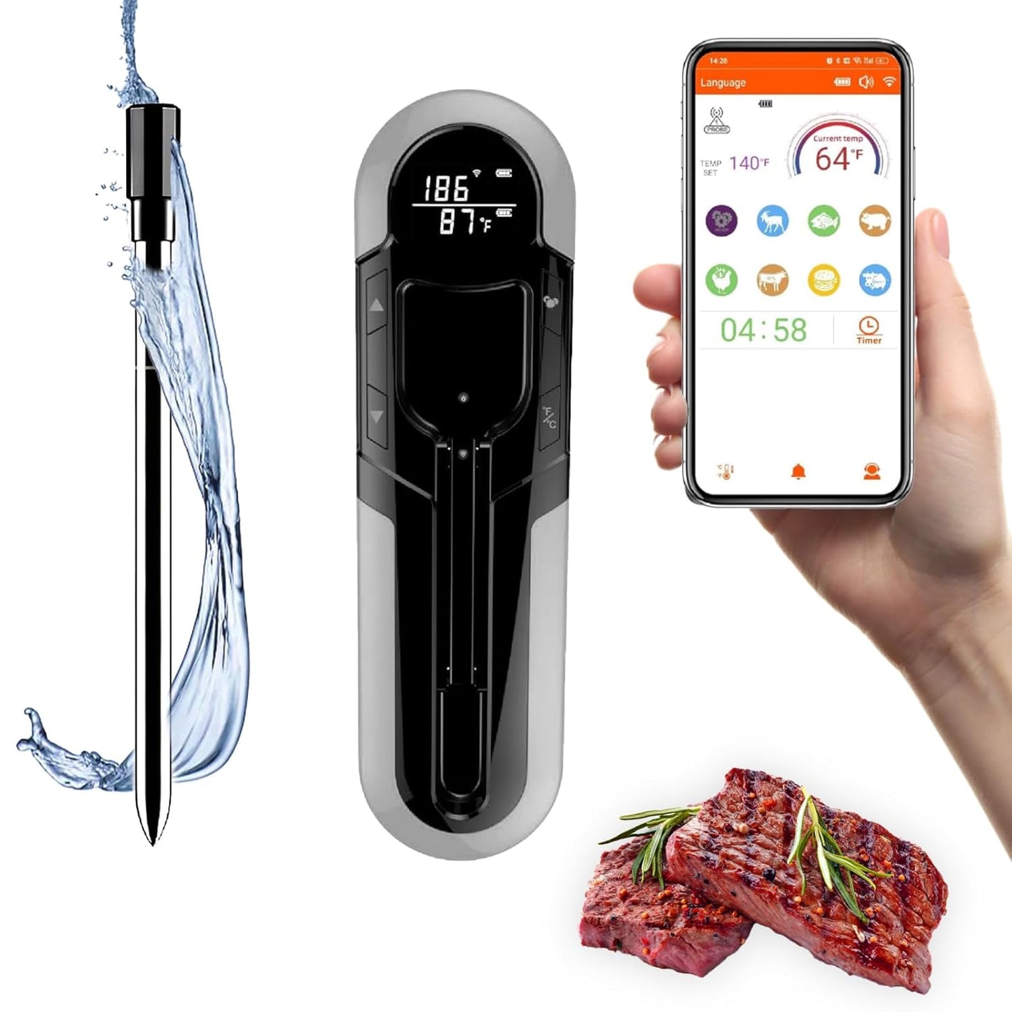 CoralBond Portable Wireless Digital Meat Cooking Thermometer Grey Grilling VB003
