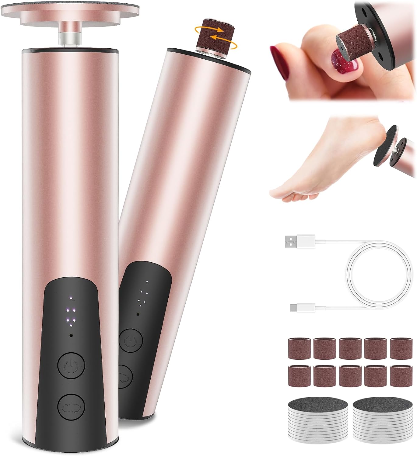 CoralBond 2-in-1 Professional Electric Foot Feet Callus Remover Rose Gold Powerful File Grinder Sander Machine Adjustable Pedicure Tool VB070