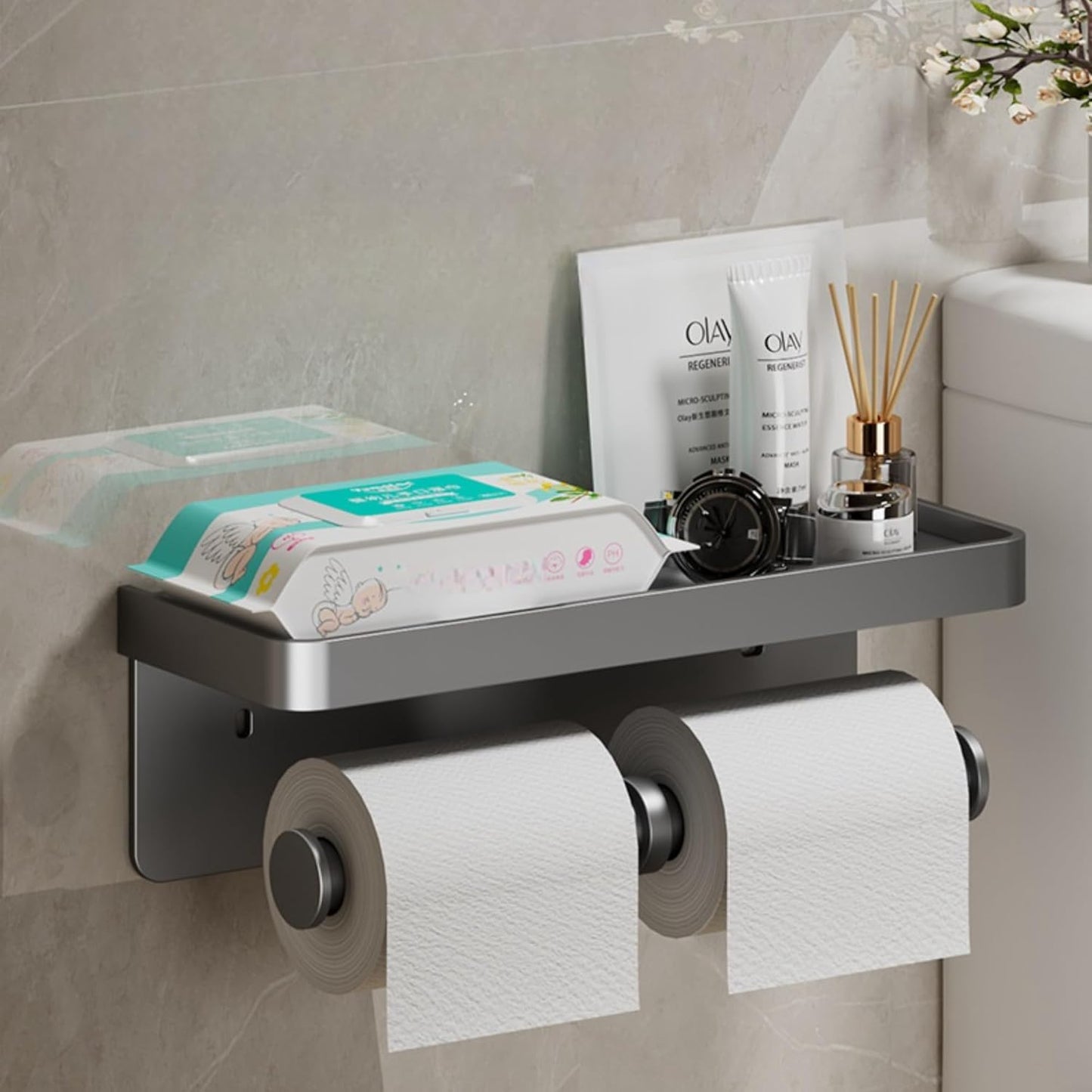 CoralBond Toilet Paper Roll Holder Grey Shelf Wall Mount Bathroom Kitchen RV VB015