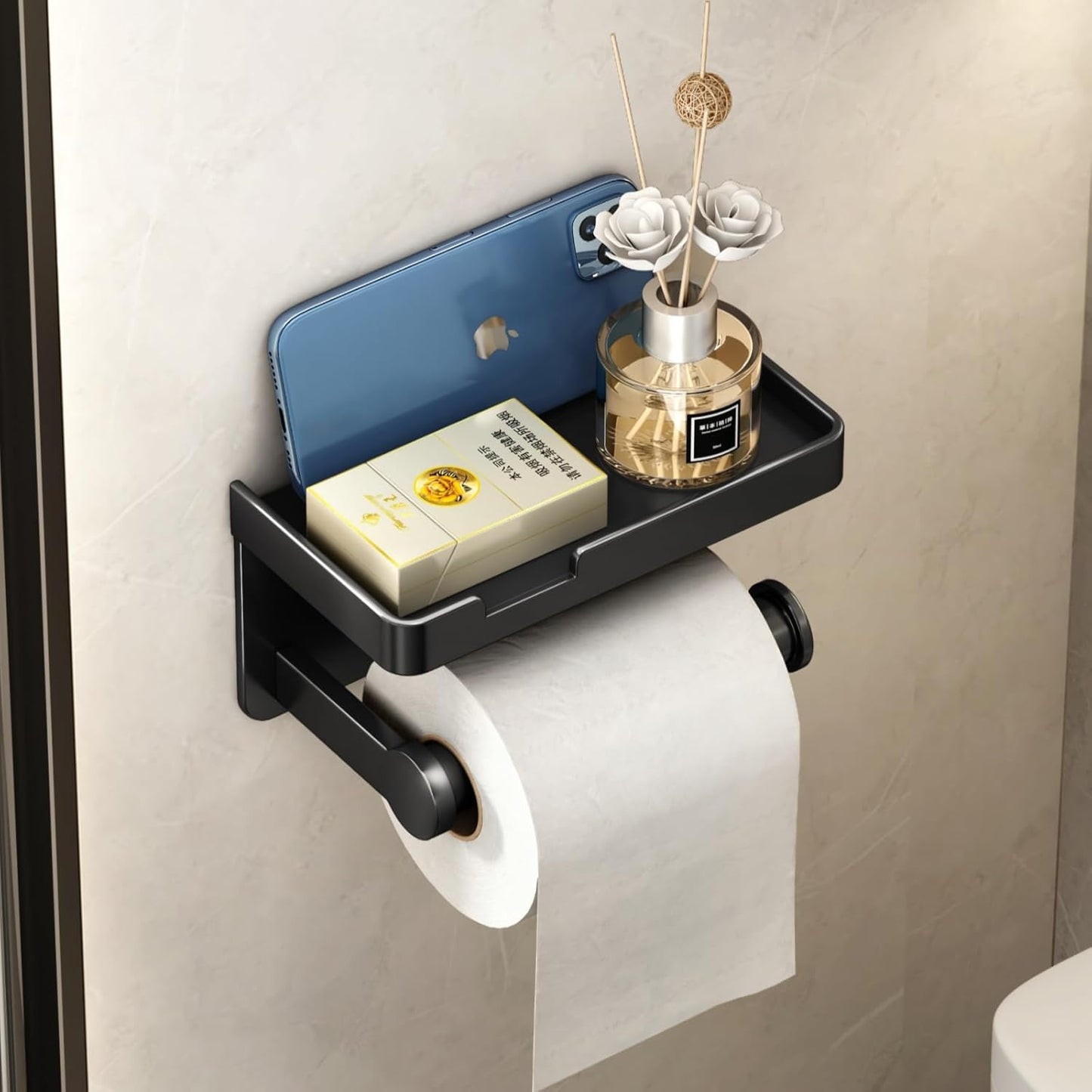 CoralBond Toilet Tissue Roll Paper Holder Black Phone Shelf Self-Adhesive Screw-in Wall Mount VB011