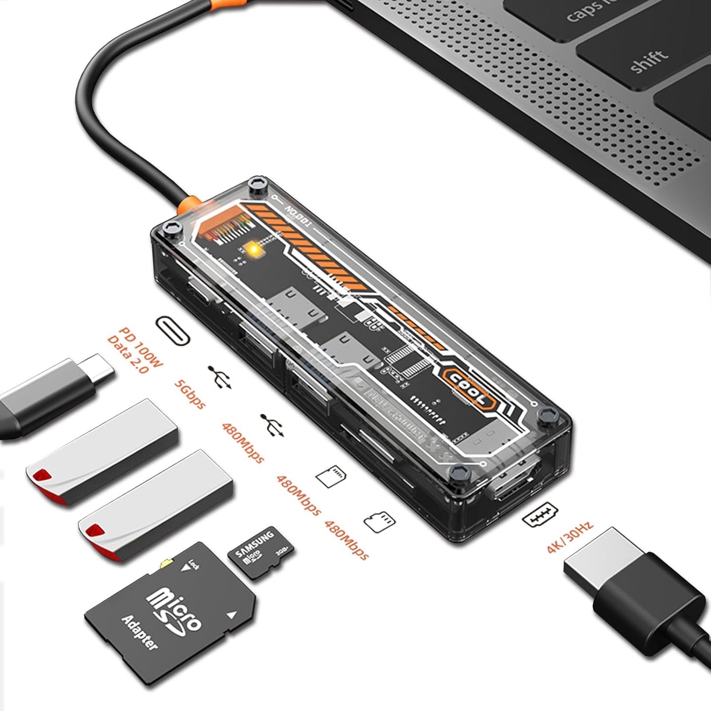 CoralBond 6-in-1 USB C Hub 100W PD 4K 60Hz HDMI 3.0 SD TF Card Reader Transparent Multiport Adapter Compatible VB109