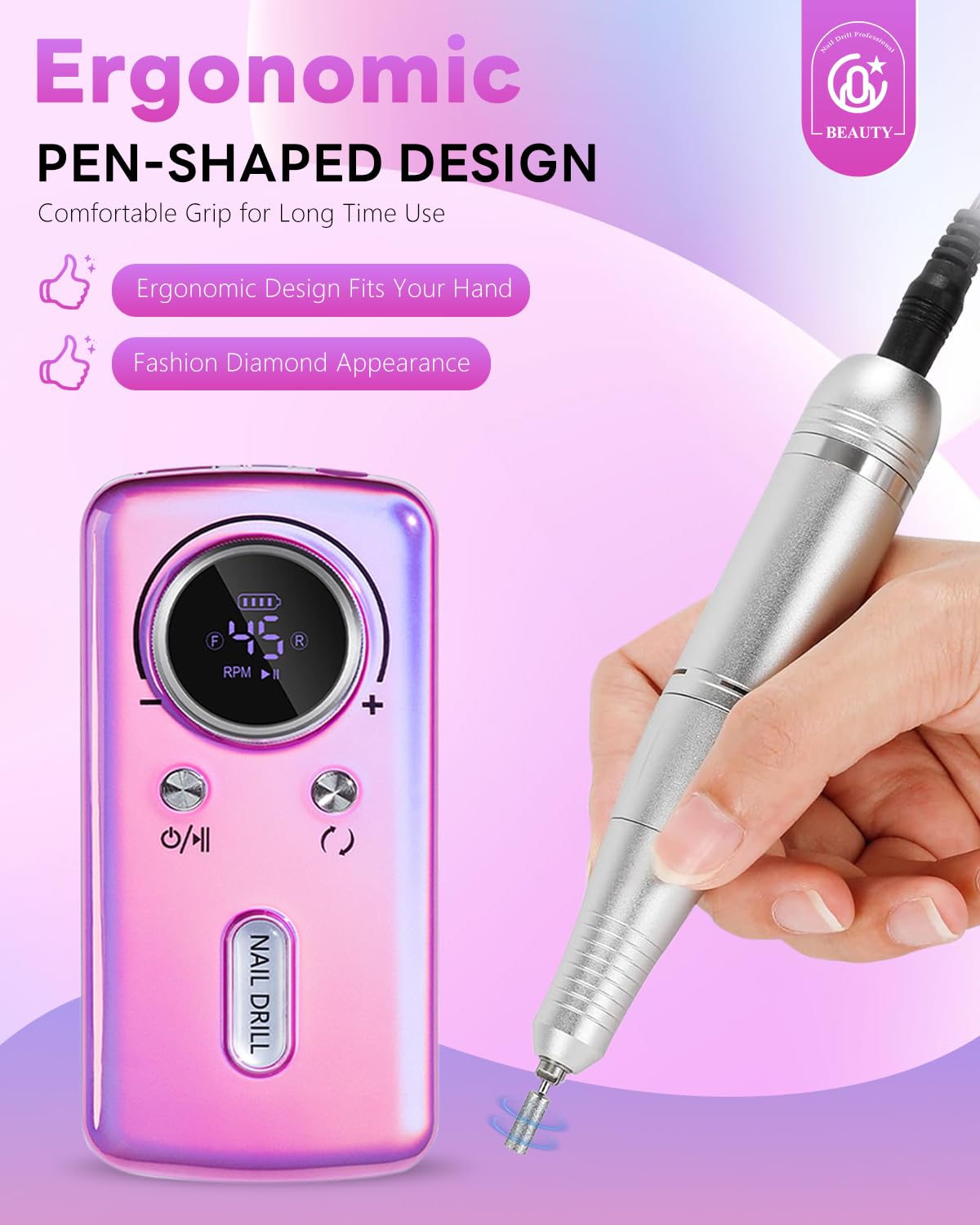 CoralBond Professional Electric Nail Drill Portable Cordless Rechargeable File Kit 45000 RPM VB119