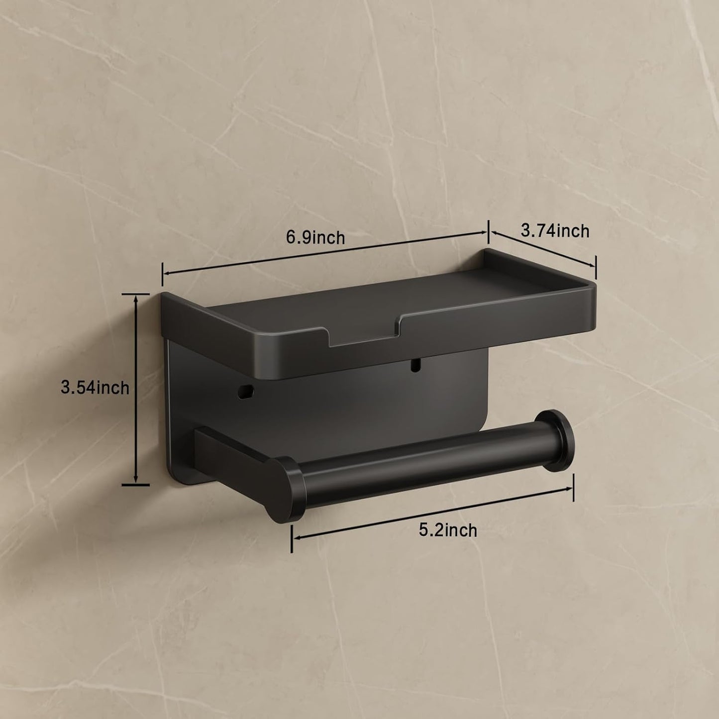 CoralBond Toilet Tissue Roll Paper Holder Black Phone Shelf Self-Adhesive Screw-in Wall Mount VB011