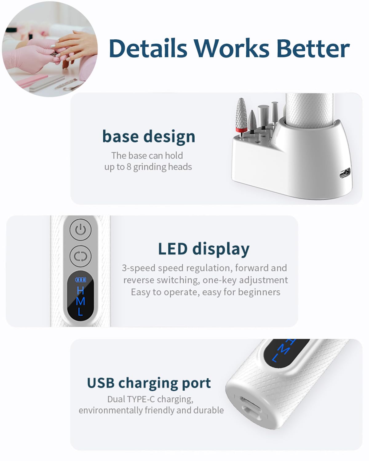 CoralBond Efile Portable Electric Nail Drill Grinder Tool Fingers Toenails Acrylic Nails VB082