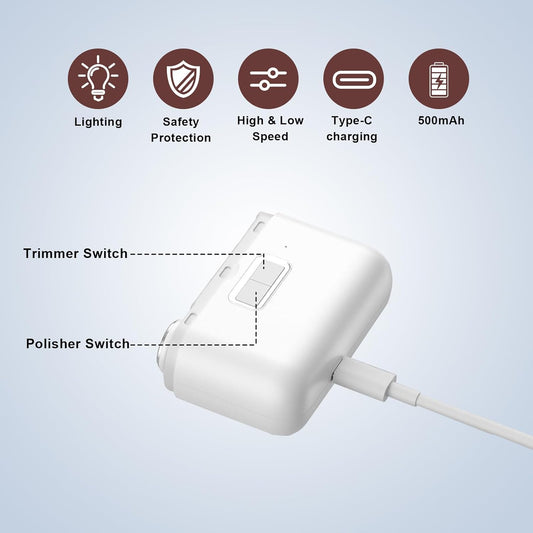 CoralBond 2 in-1 Electric Nail Clipper Trimmer Polisher White Automatic Fingernail File Light VB083