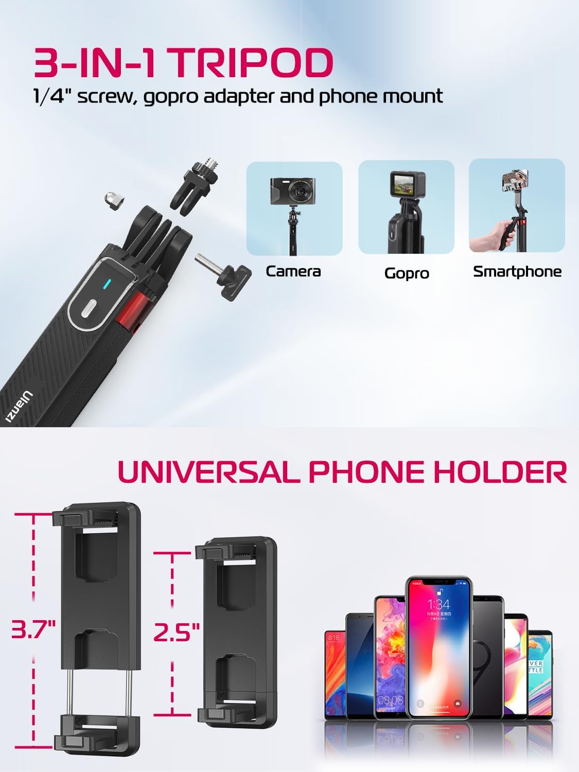 CoralBond 71" All-in-1 Extendable Selfie Stick Tripod Stand Quadrapod Phone Clip Travel iPhone VB107