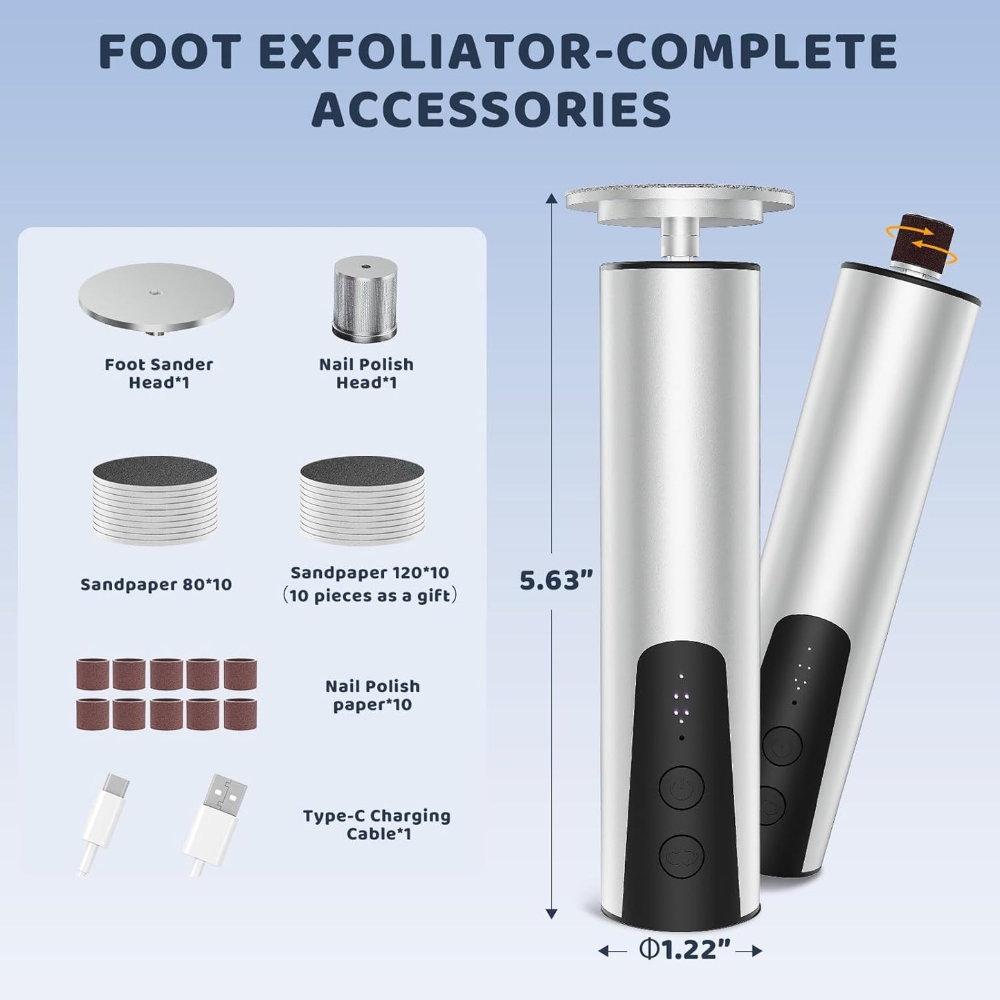CoralBond 2-in-1 Professional Electric Foot Callus Remover Silver Powerful File Grinder Sander Machine Adjustable Pedicure Tool VB071