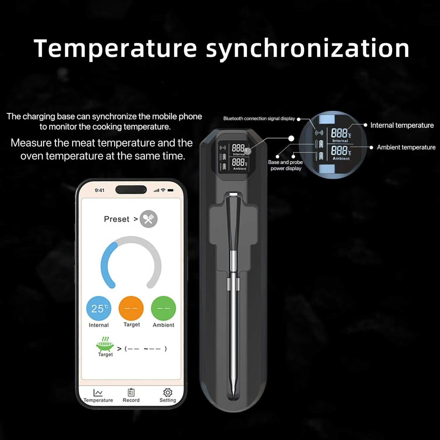 CoralBond Wireless Waterproof Probe Meat Cooking Thermometer Bluetooth 820ft Range VA HD Digital VB001