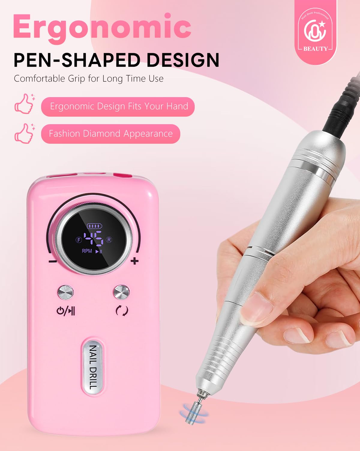 CoralBond Professional Electric Nail Drill 45000 RPM Cordless Portable Rechargeable File Kit VB118