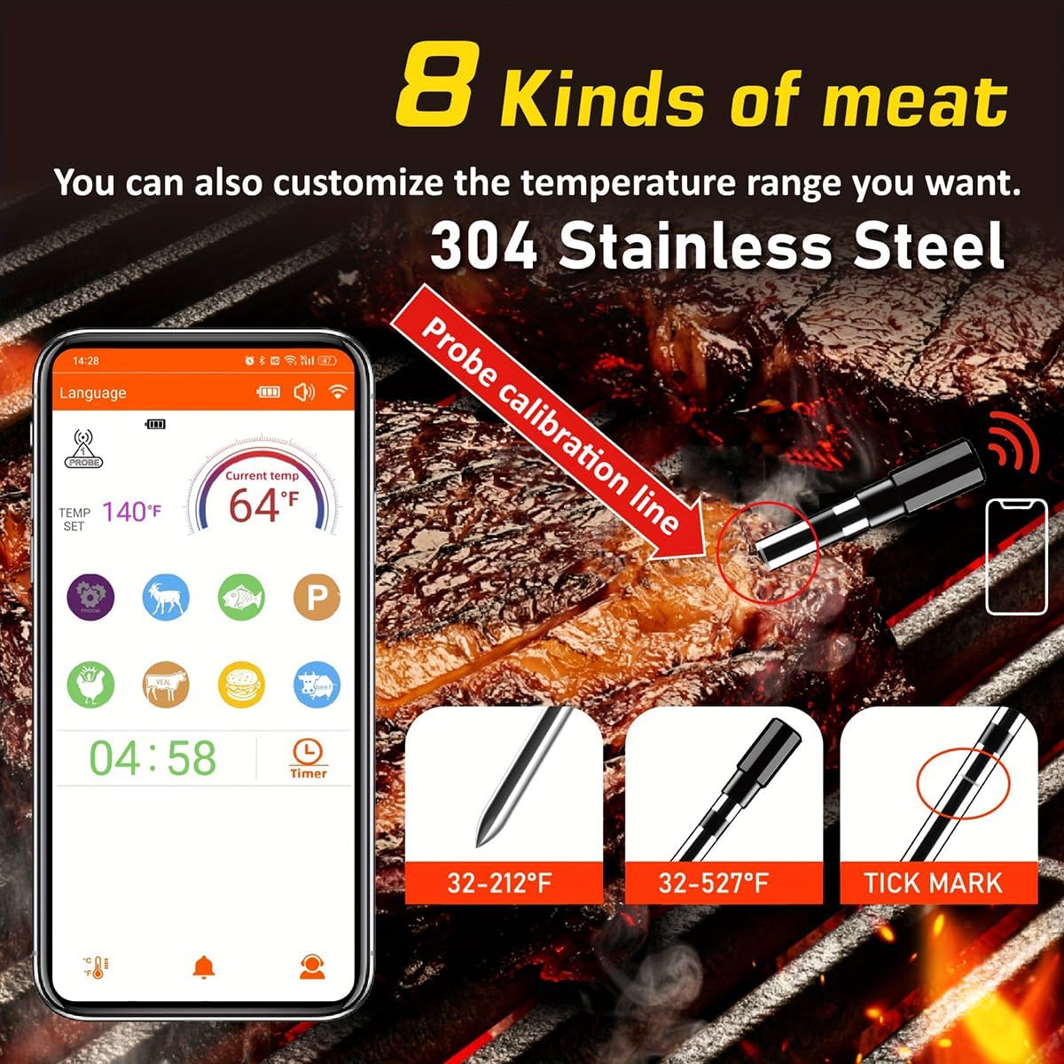 CoralBond Portable Wireless Digital Meat Cooking Thermometer Orange Grilling VB002