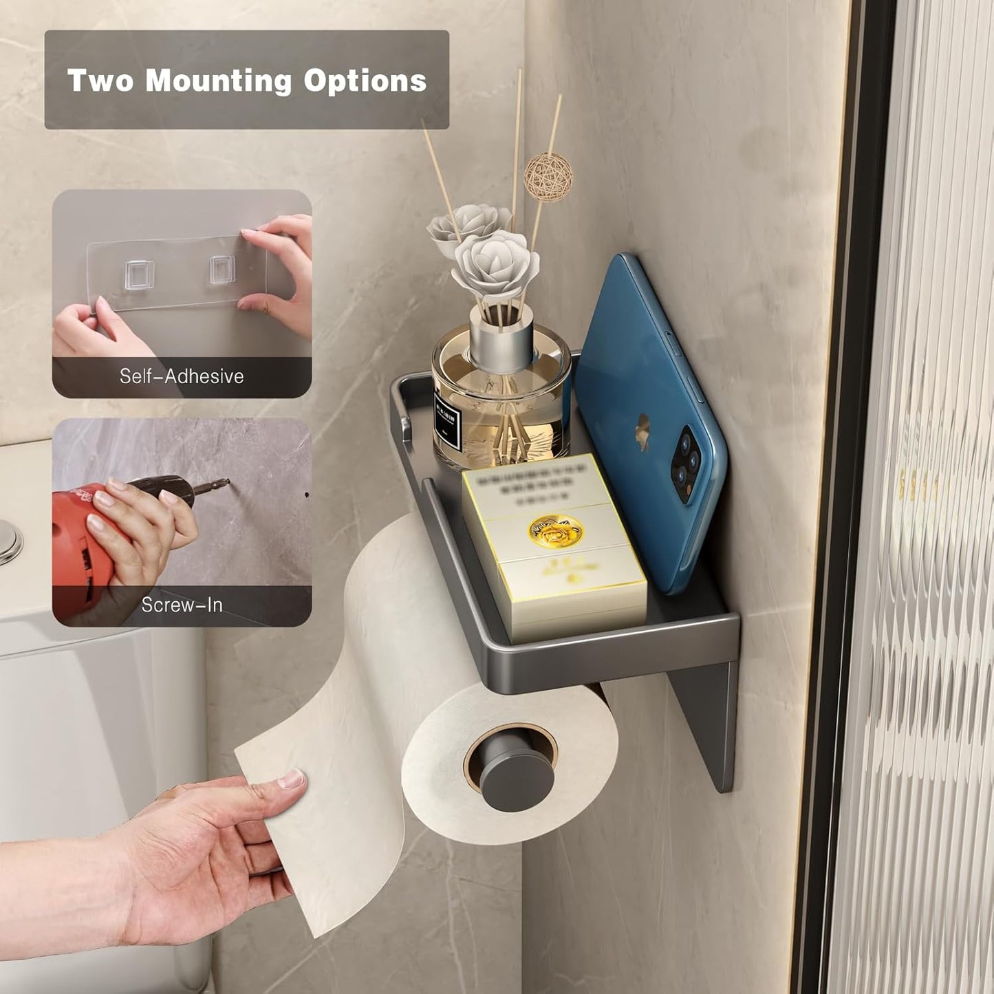 CoralBond Toilet Tissue Roll Paper Holder Gray Phone Shelf Self-Adhesive Screw-in Wall Mount VB012