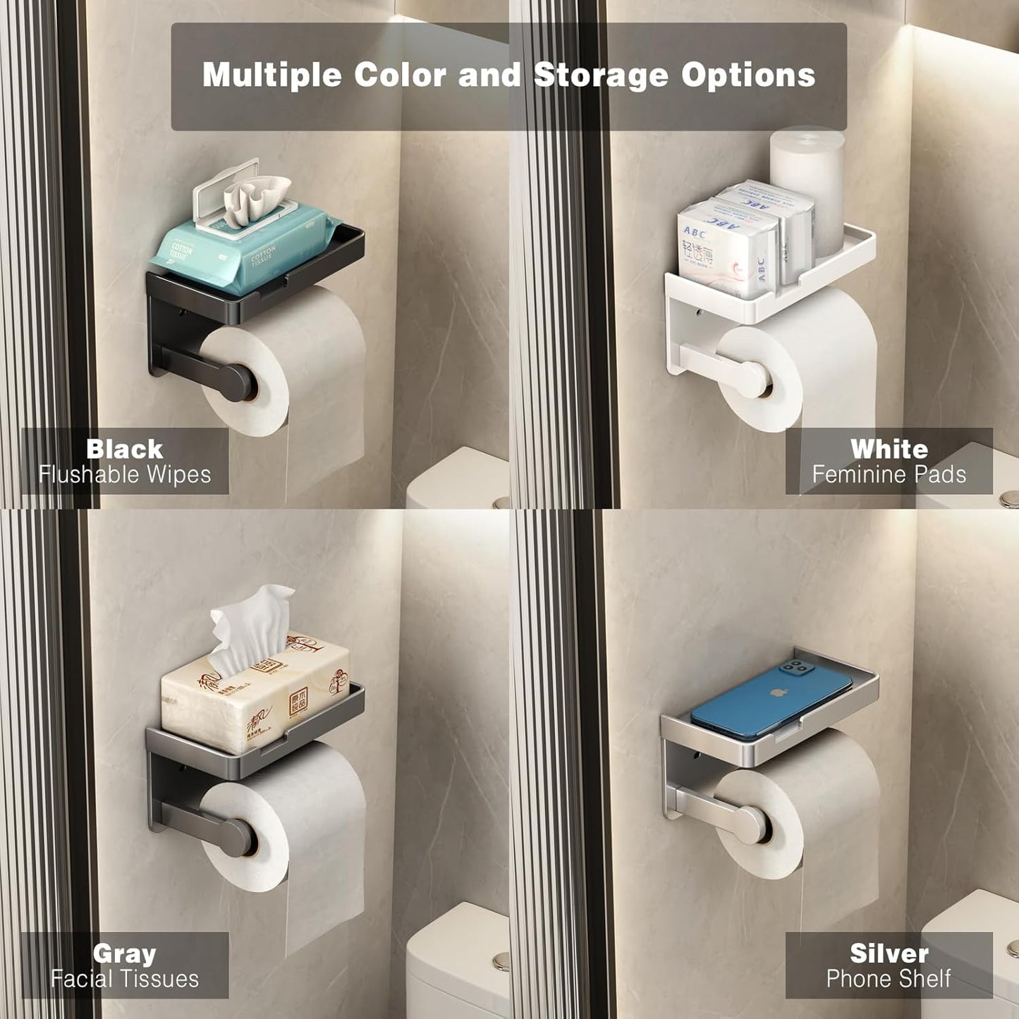 CoralBond Toilet Tissue Roll Paper Holder Black Phone Shelf Self-Adhesive Screw-in Wall Mount VB011