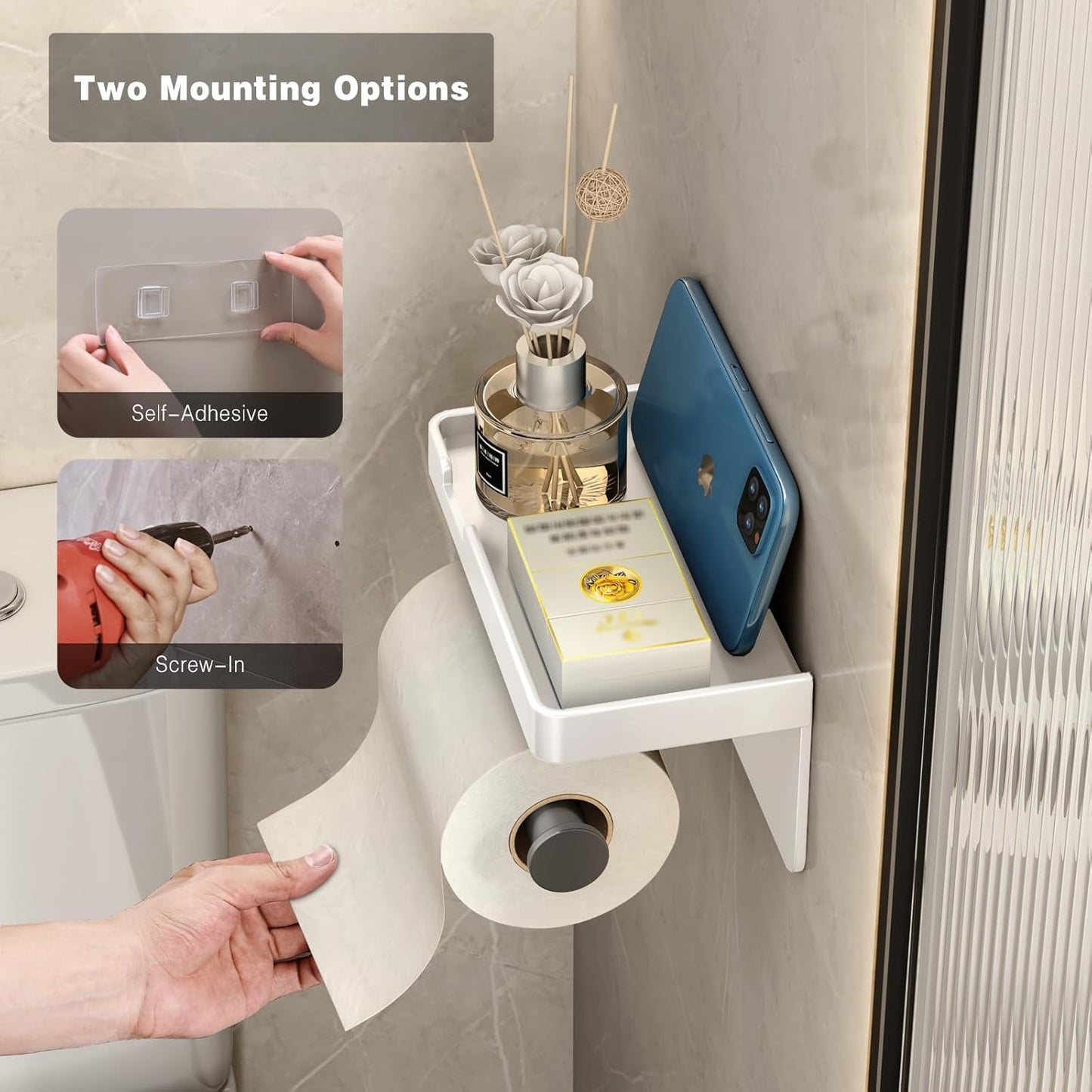 CoralBond Toilet Tissue Roll Paper Holder White Phone Shelf Self-Adhesive Screw-in Wall Mount VB013