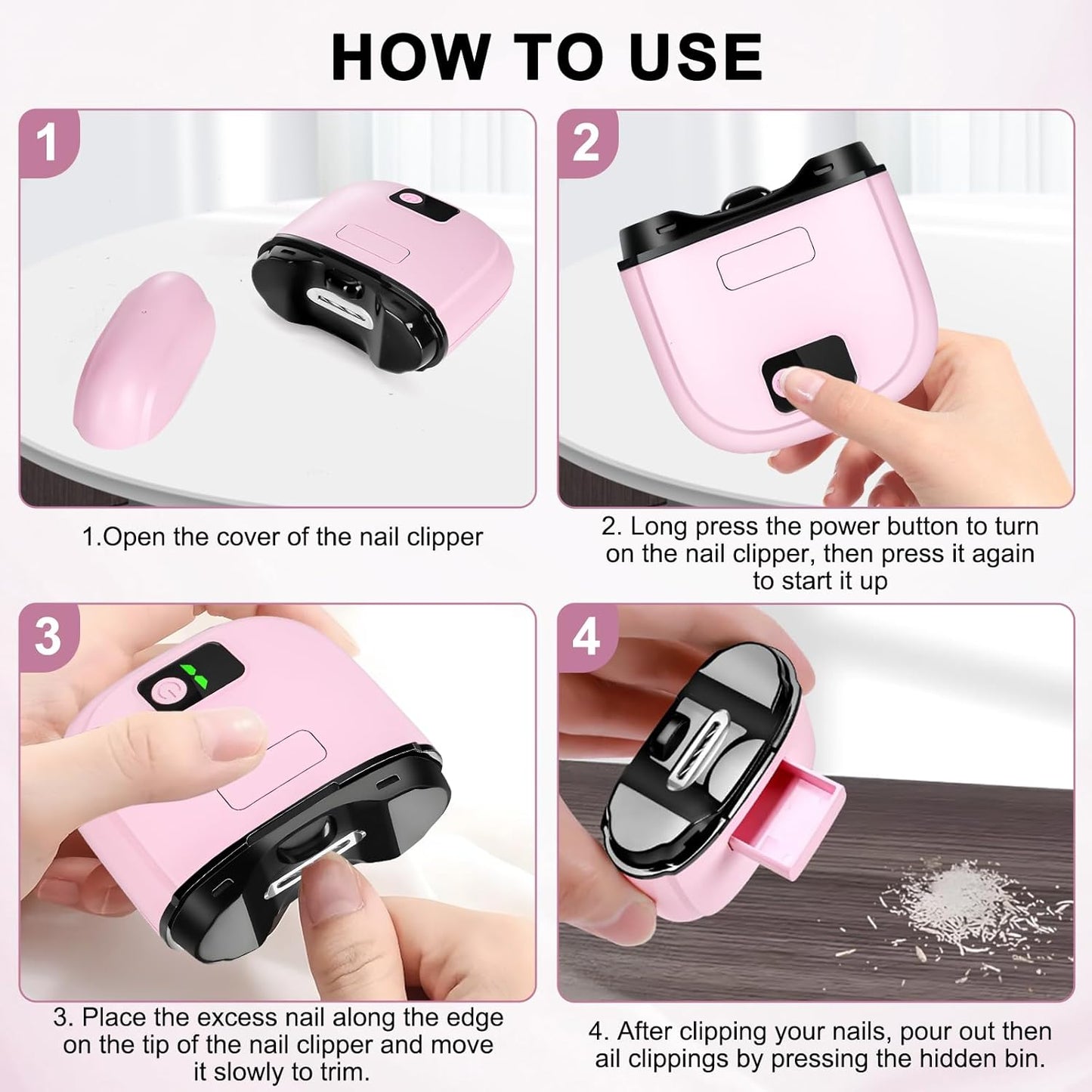 CoralBond Electric Nail Clippers Pink Adjustable Automatic LED Lights VB085