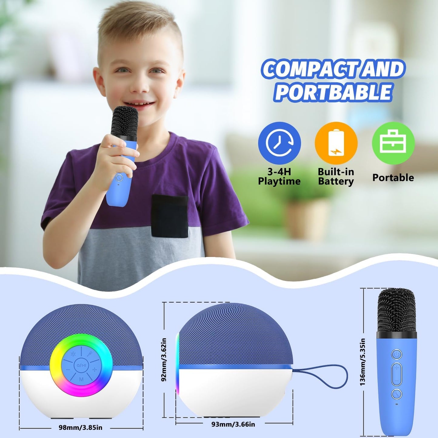 CoralBond Portable Mini Karaoke Machine Blue Adults Bluetooth Speaker 2 Wireless Microphones VB045