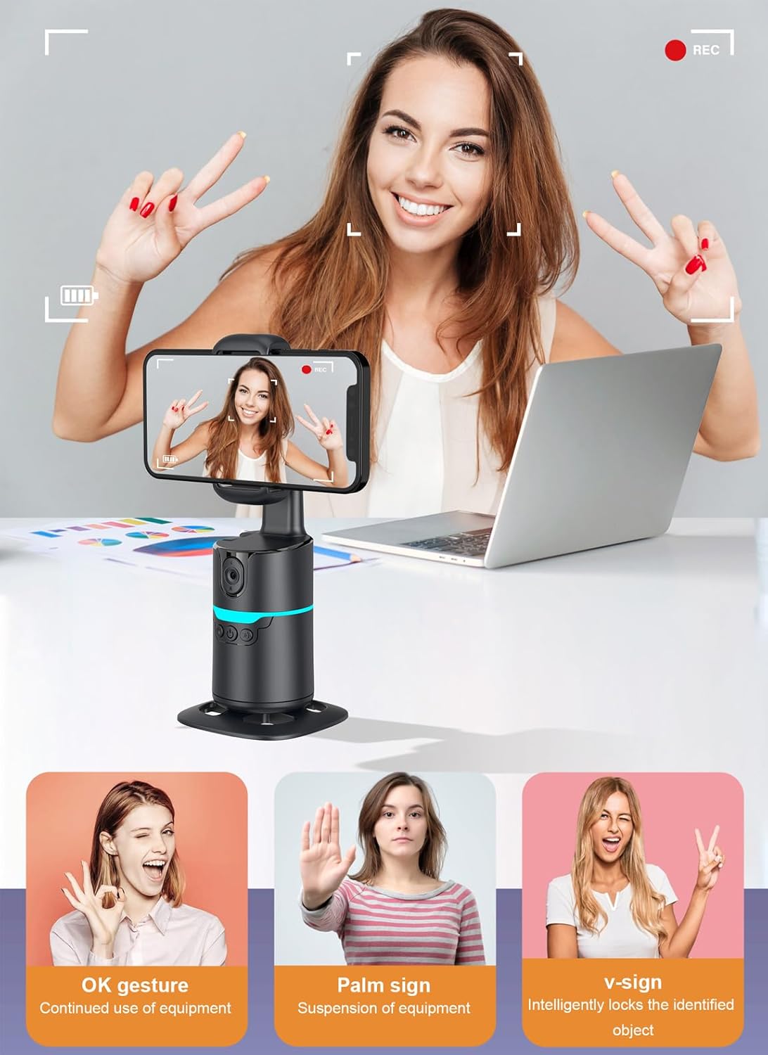 CoralBond Auto Face Tracking Smart Tripod 360 Rotation Stand AI VB100