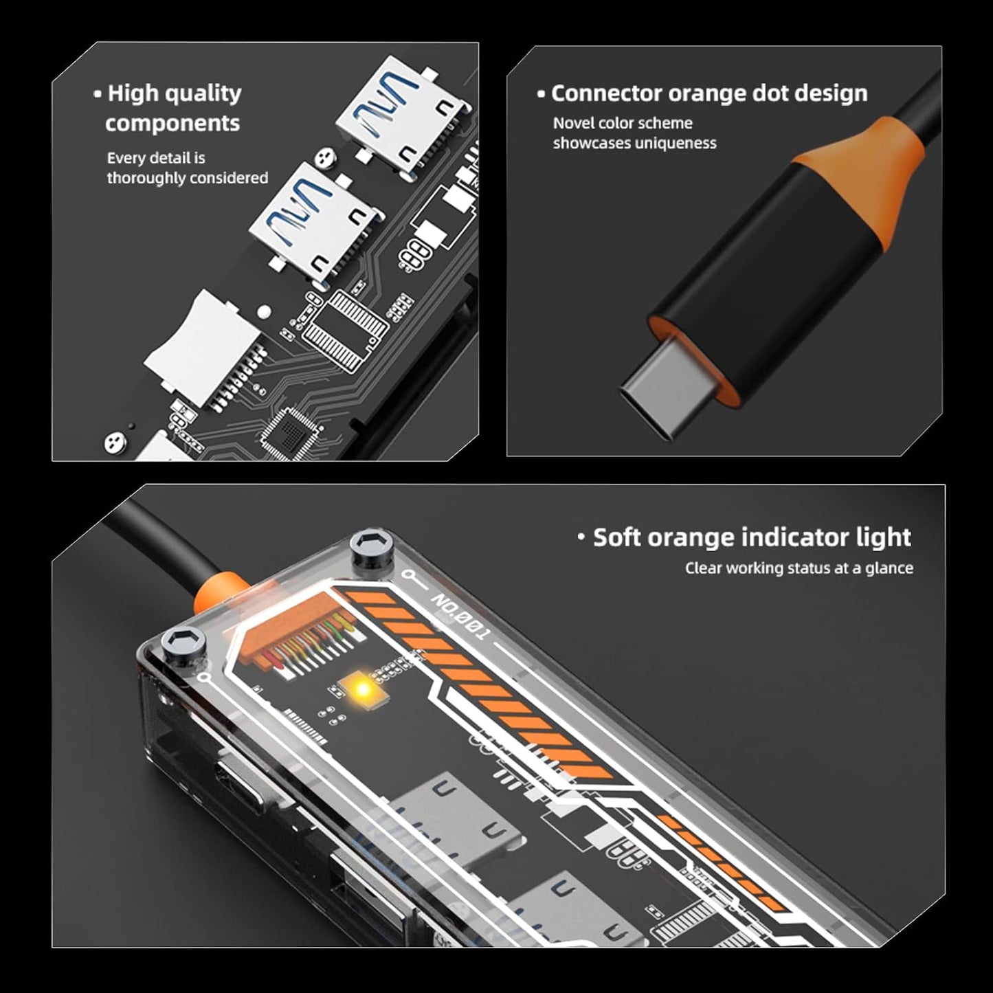 CoralBond 6-in-1 USB C Hub 100W PD 4K 60Hz HDMI 3.0 SD TF Card Reader Transparent Multiport Adapter Compatible VB109