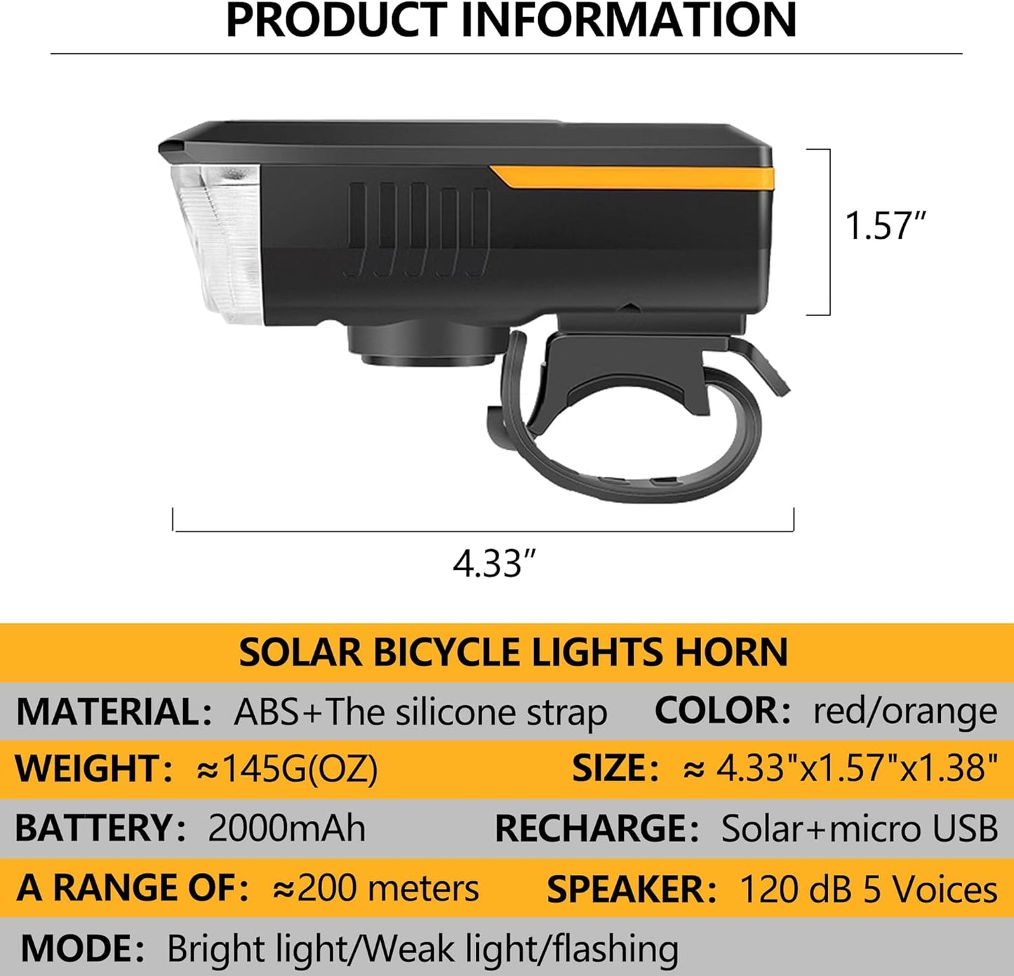 CoralBond Solar USB Bike Horn Headlight Dual Charging Light High Brightness Waterproof Ideal VB116