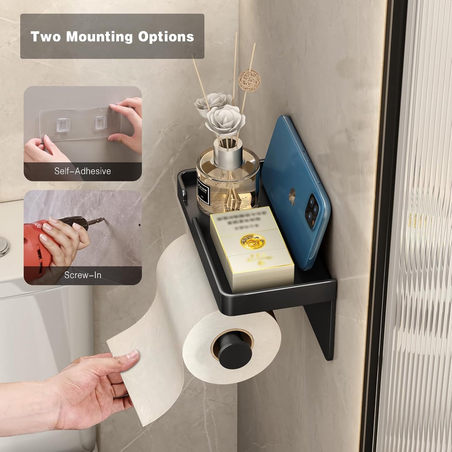 CoralBond Toilet Tissue Roll Paper Holder Black Phone Shelf Self-Adhesive Screw-in Wall Mount VB011