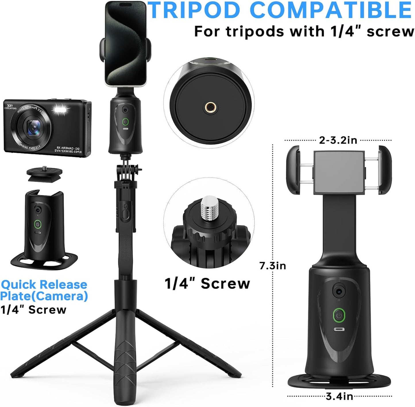 CoralBond Auto Face Tracking Smart Tripod 360° Rotation Body Phone Camera Mount Gesture Control VB102