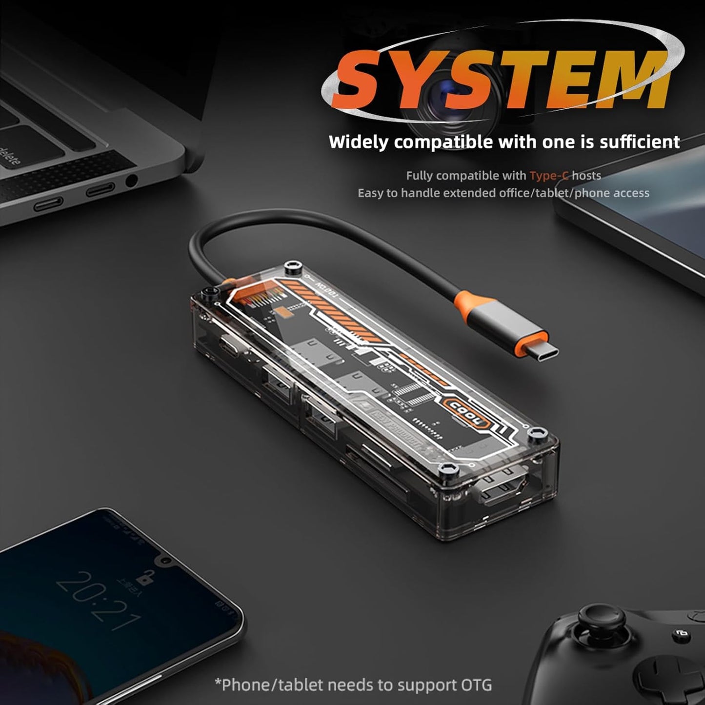 CoralBond 6-in-1 USB C Hub 100W PD 4K 60Hz HDMI 3.0 SD TF Card Reader Transparent Multiport Adapter Compatible VB109