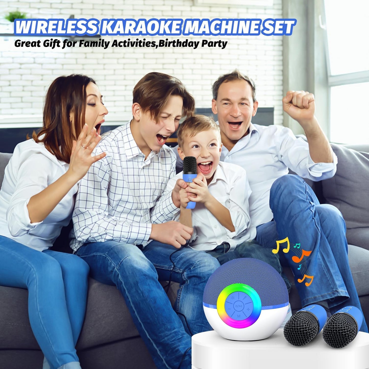 CoralBond Portable Mini Karaoke Machine Blue Adults Bluetooth Speaker 2 Wireless Microphones VB045