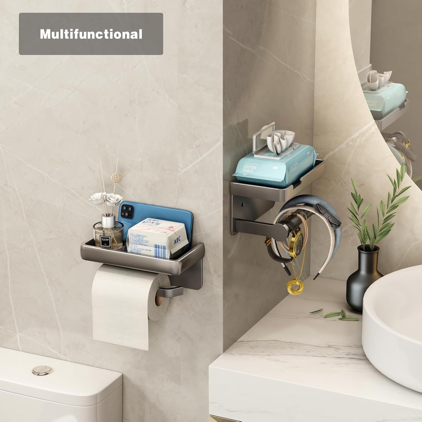 CoralBond Toilet Tissue Roll Paper Holder Gray Phone Shelf Self-Adhesive Screw-in Wall Mount VB012