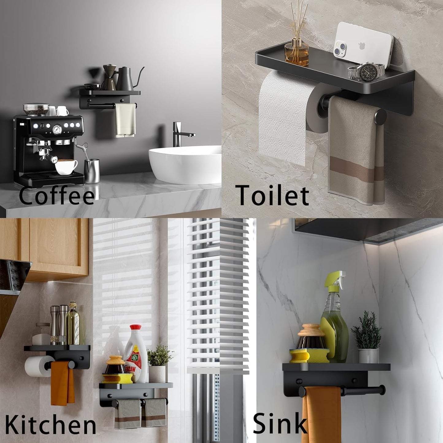 CoralBond Toilet Paper Roll Holder Black Shelf Wall Mount Holder Bathroom Kitchen RV VB014
