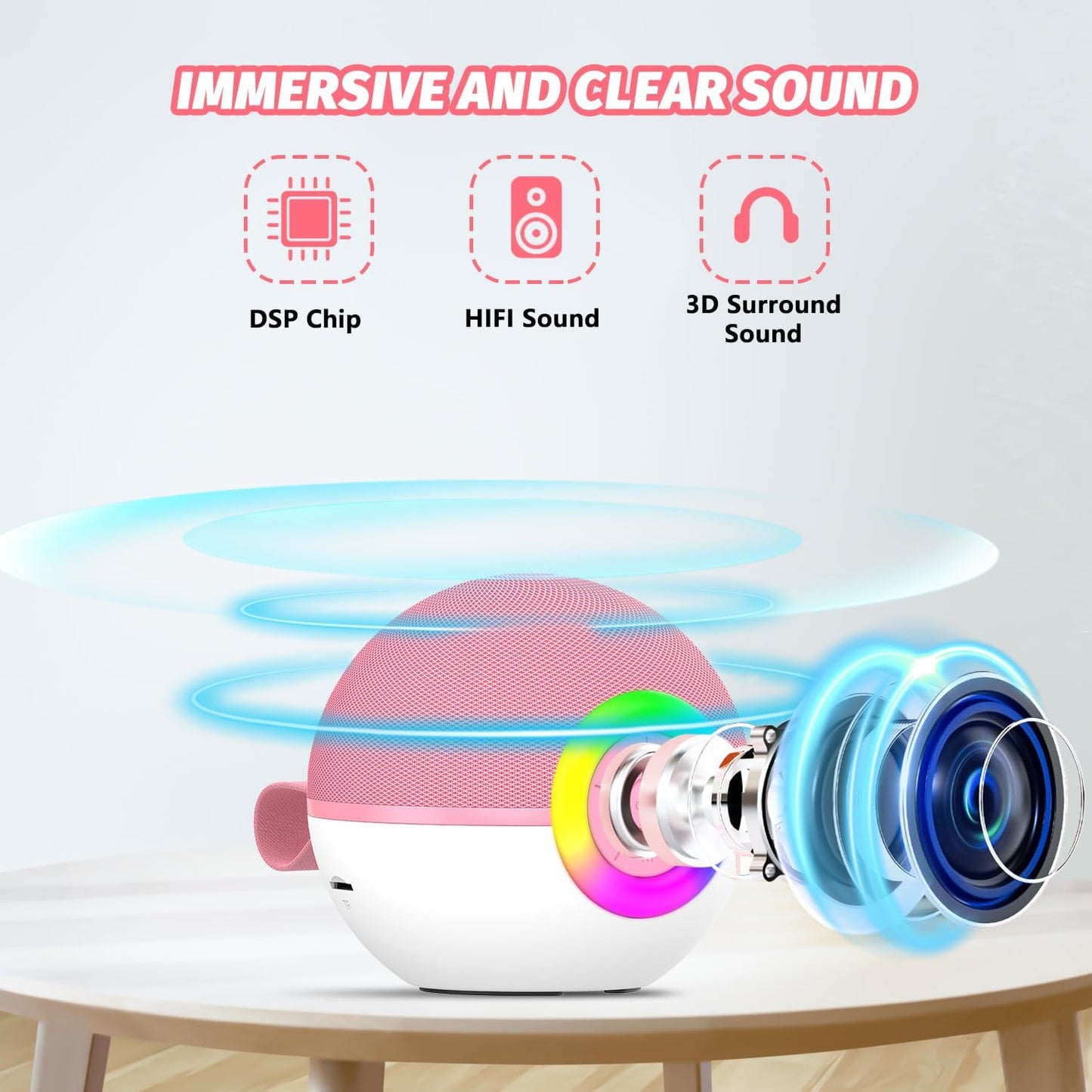 CoralBond Portable Mini Karaoke Machine Pink Adults Bluetooth Speaker 2 Wireless Microphones VB046