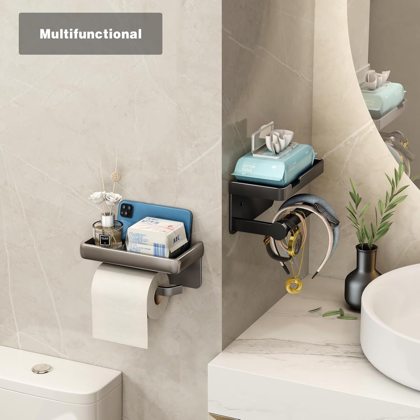 CoralBond Toilet Tissue Roll Paper Holder Black Phone Shelf Self-Adhesive Screw-in Wall Mount VB011
