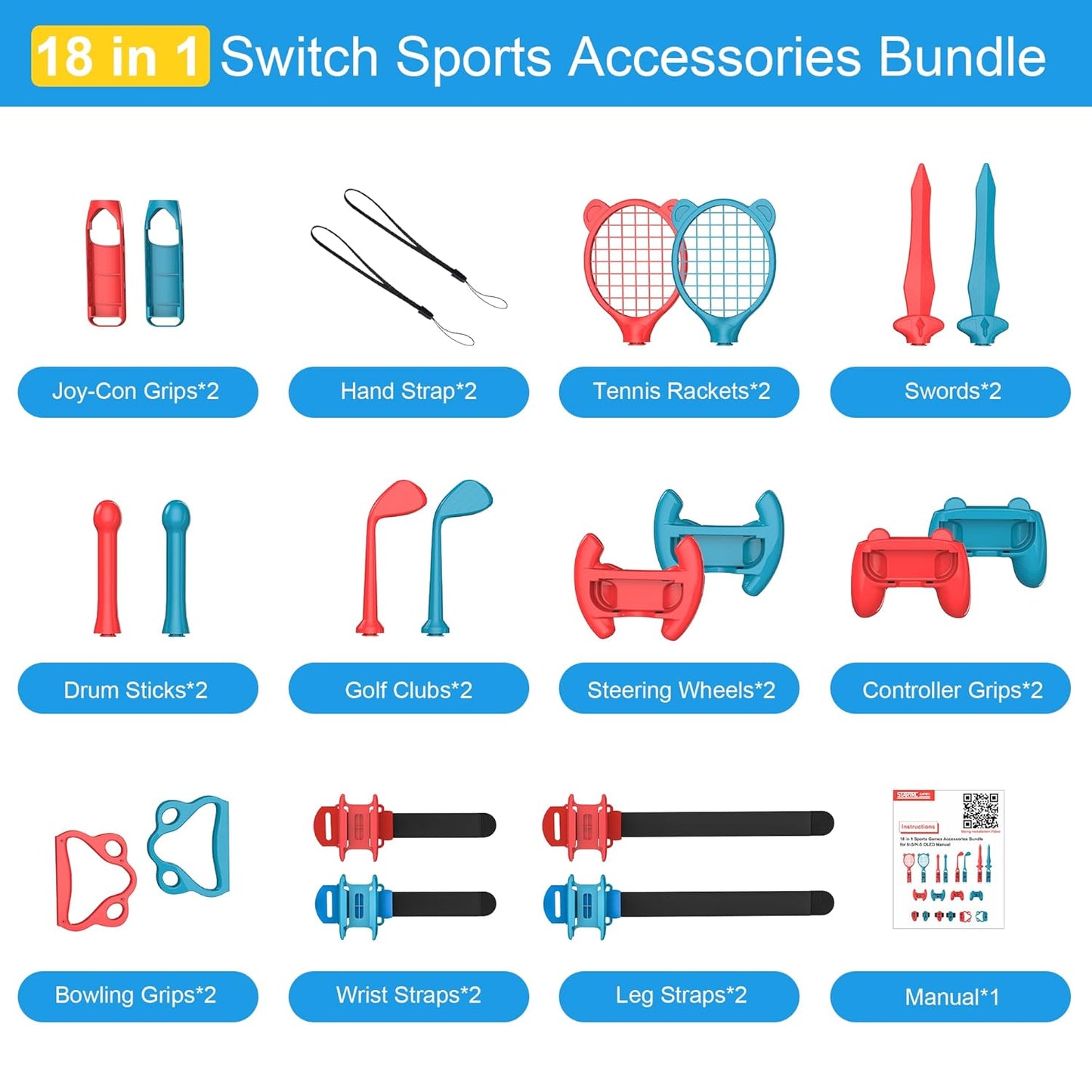 CoralBond 18-in-1 Switch Sports Accessories Bundle Games Kit Nintendo OLED Console Joy-Con VB065