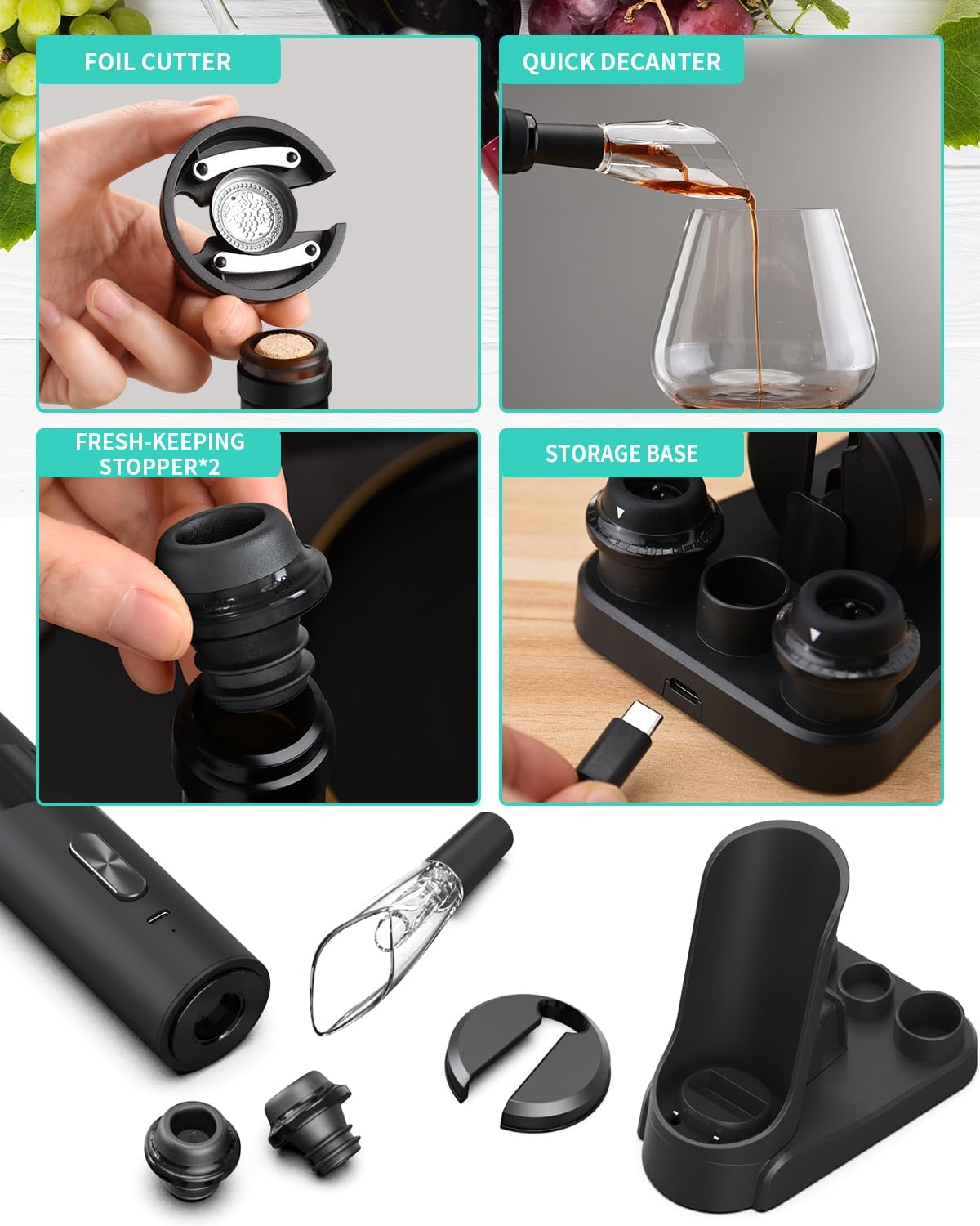 CoralBond 7-in-1 Electric Wine Bottle Opener Rechargeable Gift Set Vacuum Pump VB026