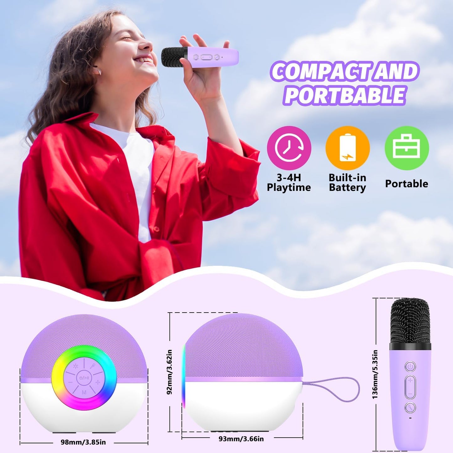 CoralBond Portable Mini Karaoke Machine Purple Adults Bluetooth Speaker 2 Wireless Microphones VB047