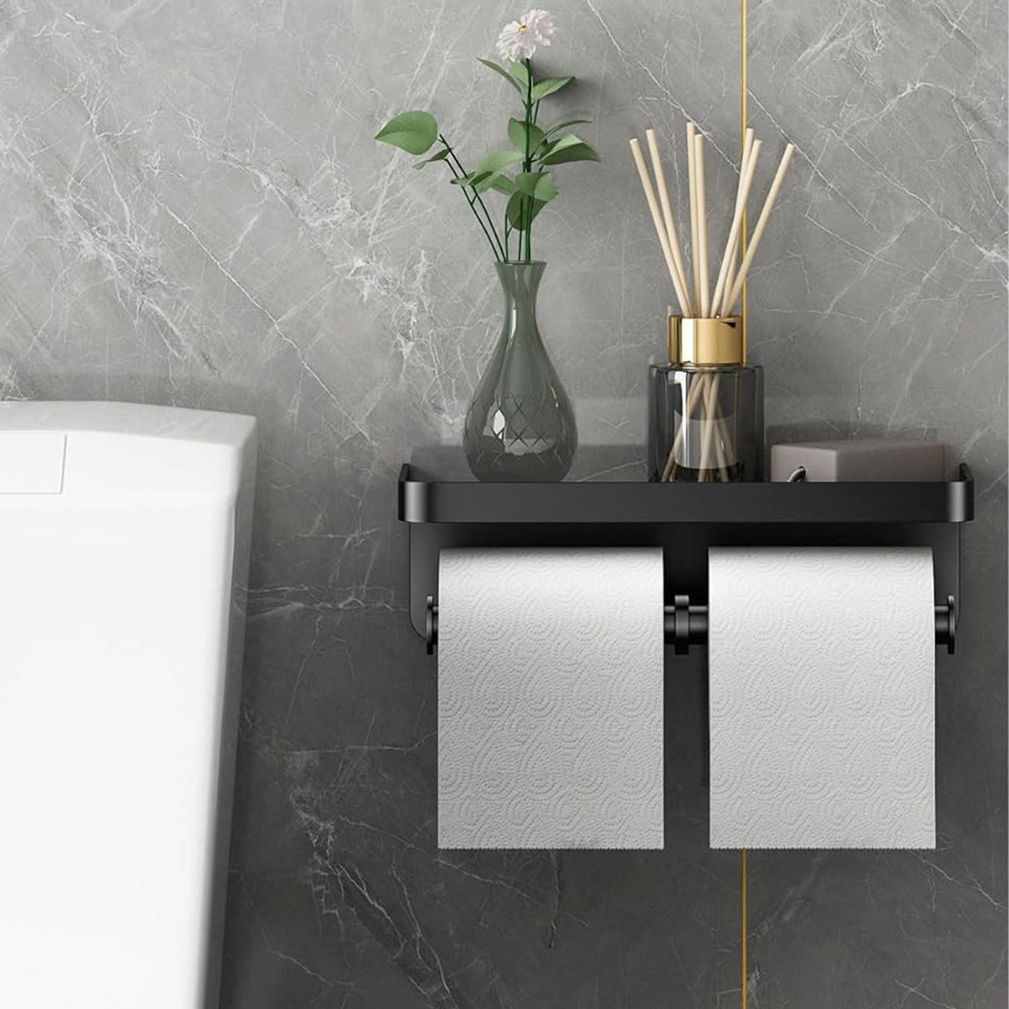CoralBond Toilet Paper Roll Holder Black Shelf Wall Mount Holder Bathroom Kitchen RV VB014