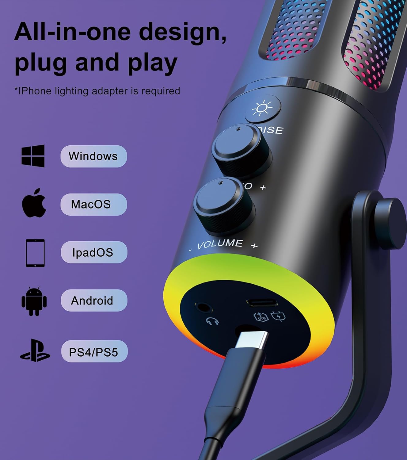 CoralBond USB Microphone DSP Noise Cancellation Reverb Effects Gaming RGB Lights VB038
