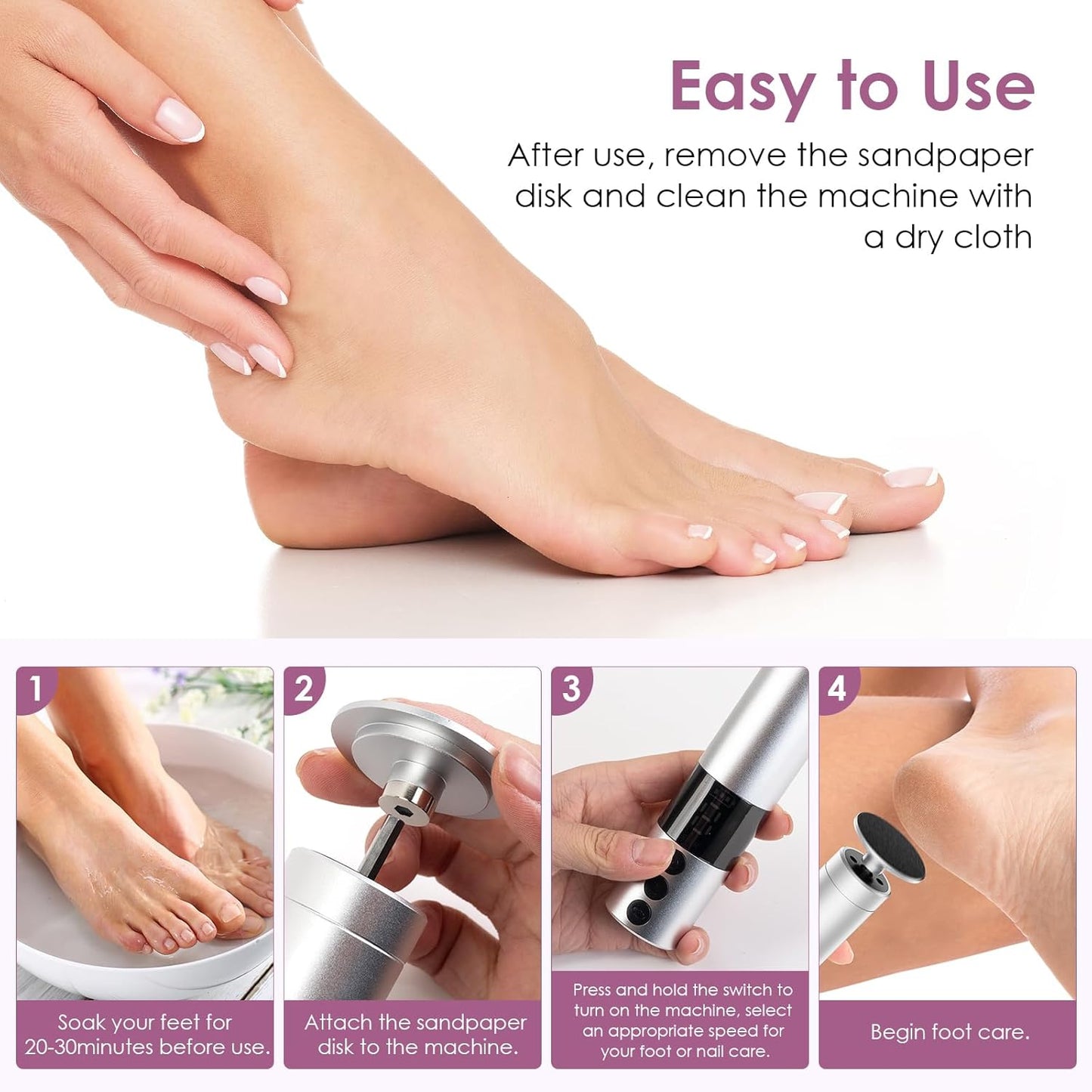 CoralBond Professional 2-in-1 Electric Foot Feet Callus Remover Silver Adjustable Portable Nail File Grinder Kit VB079