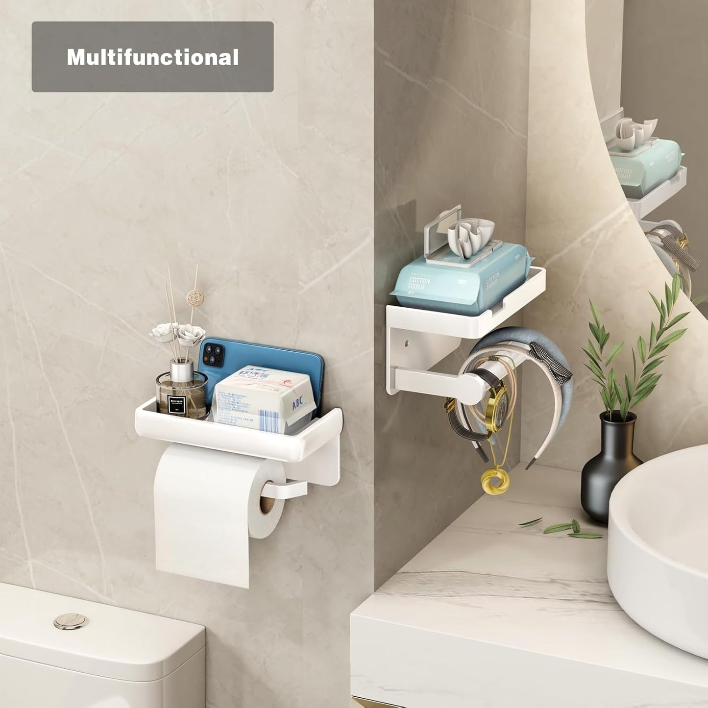 CoralBond Toilet Tissue Roll Paper Holder White Phone Shelf Self-Adhesive Screw-in Wall Mount VB013