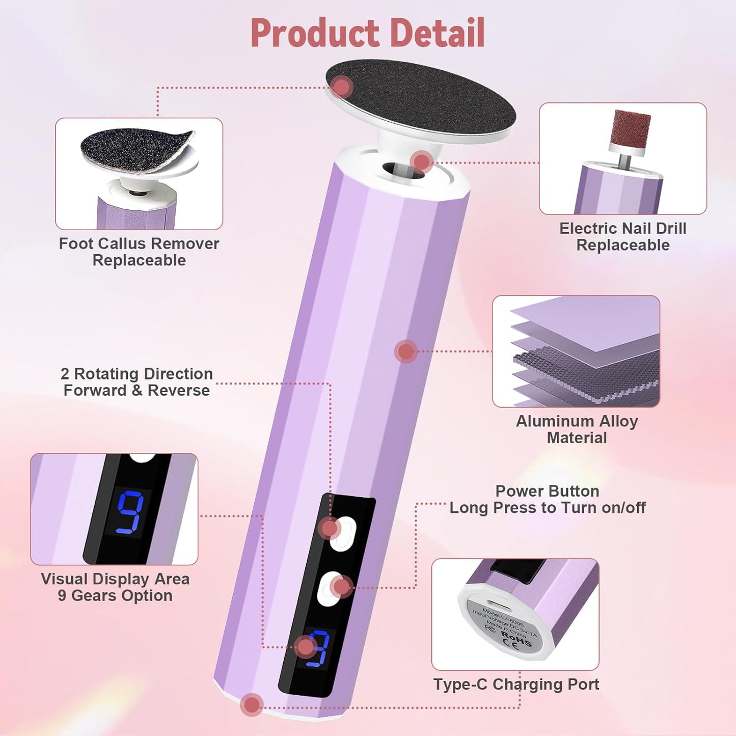 CoralBond Electric Foot Feet Callus Remover Purple Rechargeable Adjustable Speed File VB076