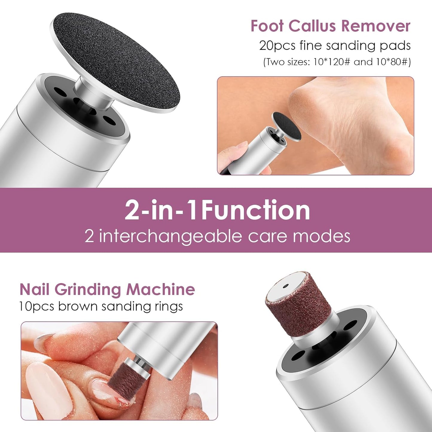 CoralBond Professional 2-in-1 Electric Foot Feet Callus Remover Silver Adjustable Portable Nail File Grinder Kit VB079