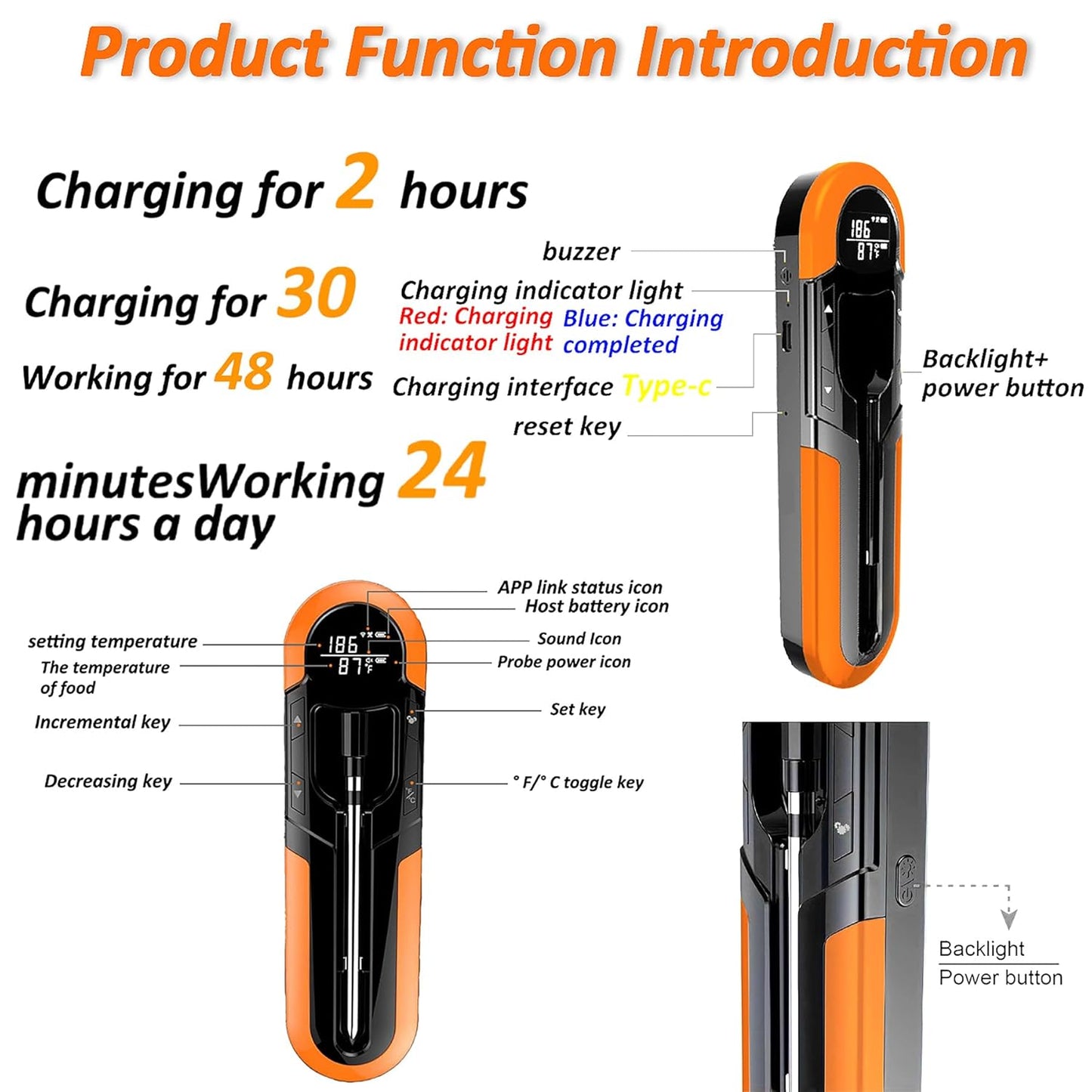 CoralBond Portable Wireless Digital Meat Cooking Thermometer Orange Grilling VB002