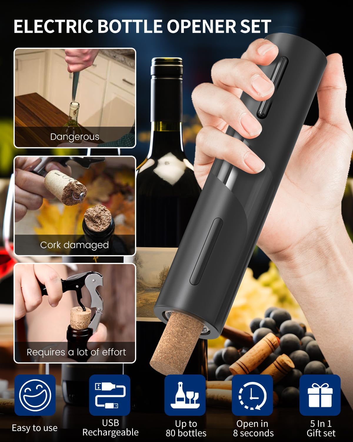 CoralBond Cordless Electric Wine Bottle Opener Corkscrew Set Rechargeable VB025