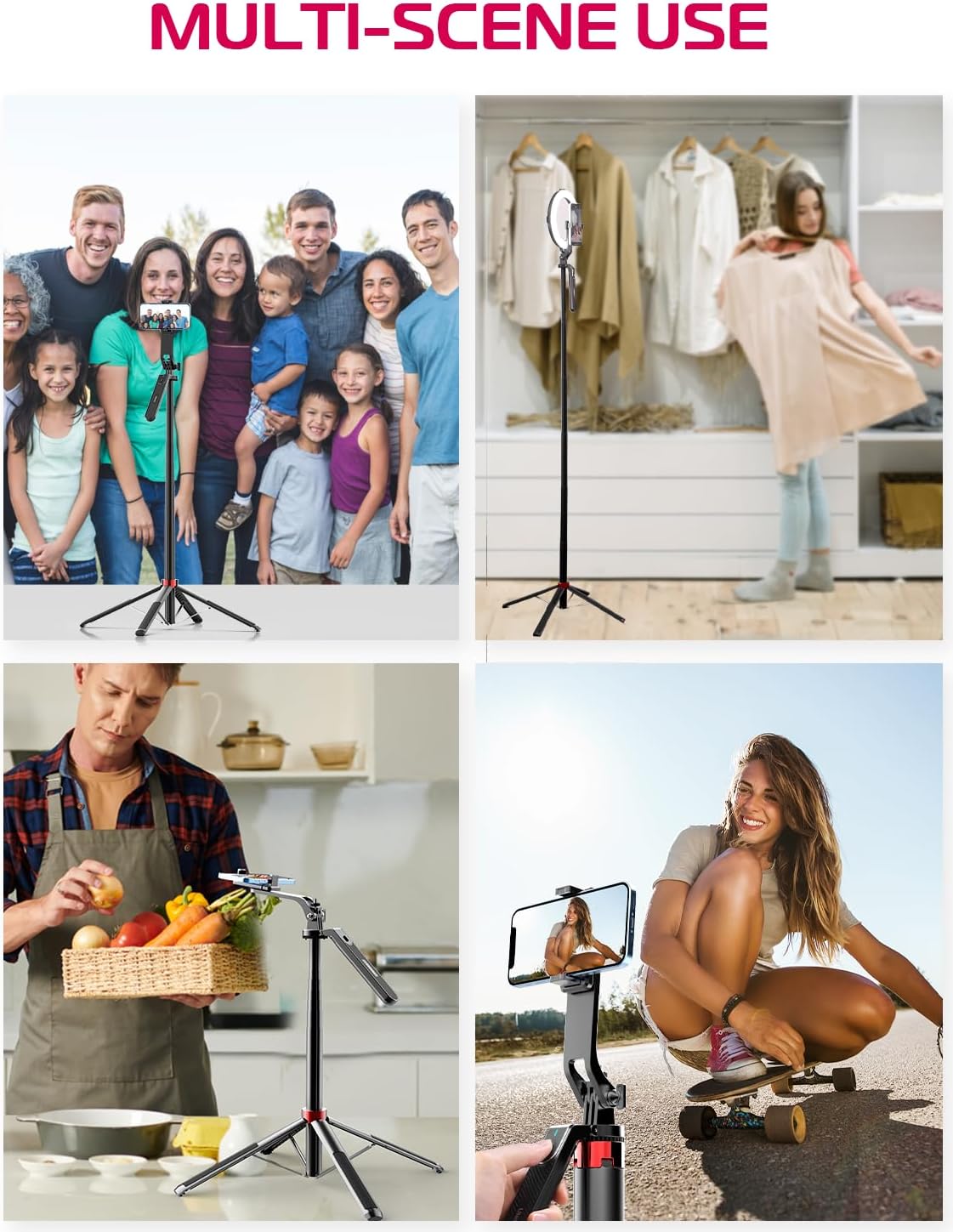 CoralBond 71" All-in-1 Extendable Selfie Stick Tripod Stand Quadrapod Phone Clip Travel iPhone VB107