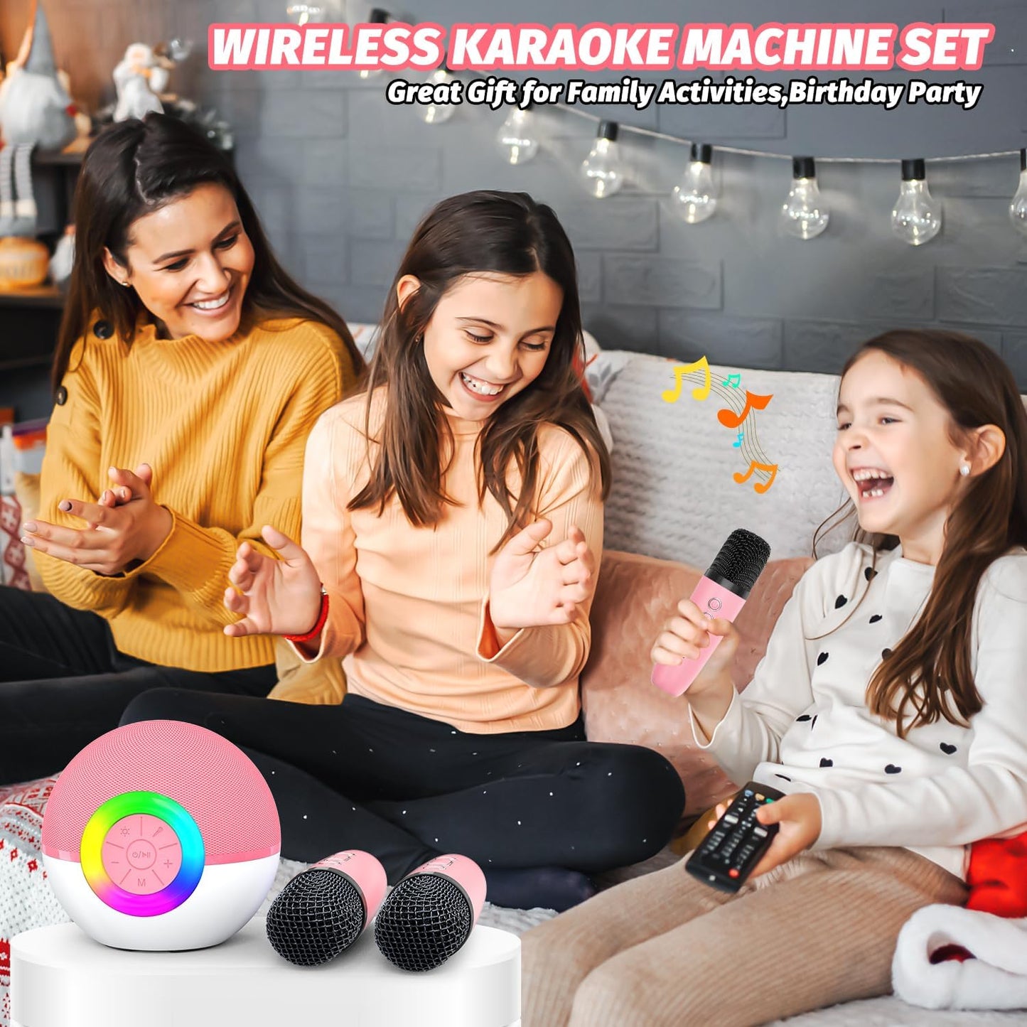CoralBond Portable Mini Karaoke Machine Pink Adults Bluetooth Speaker 2 Wireless Microphones VB046
