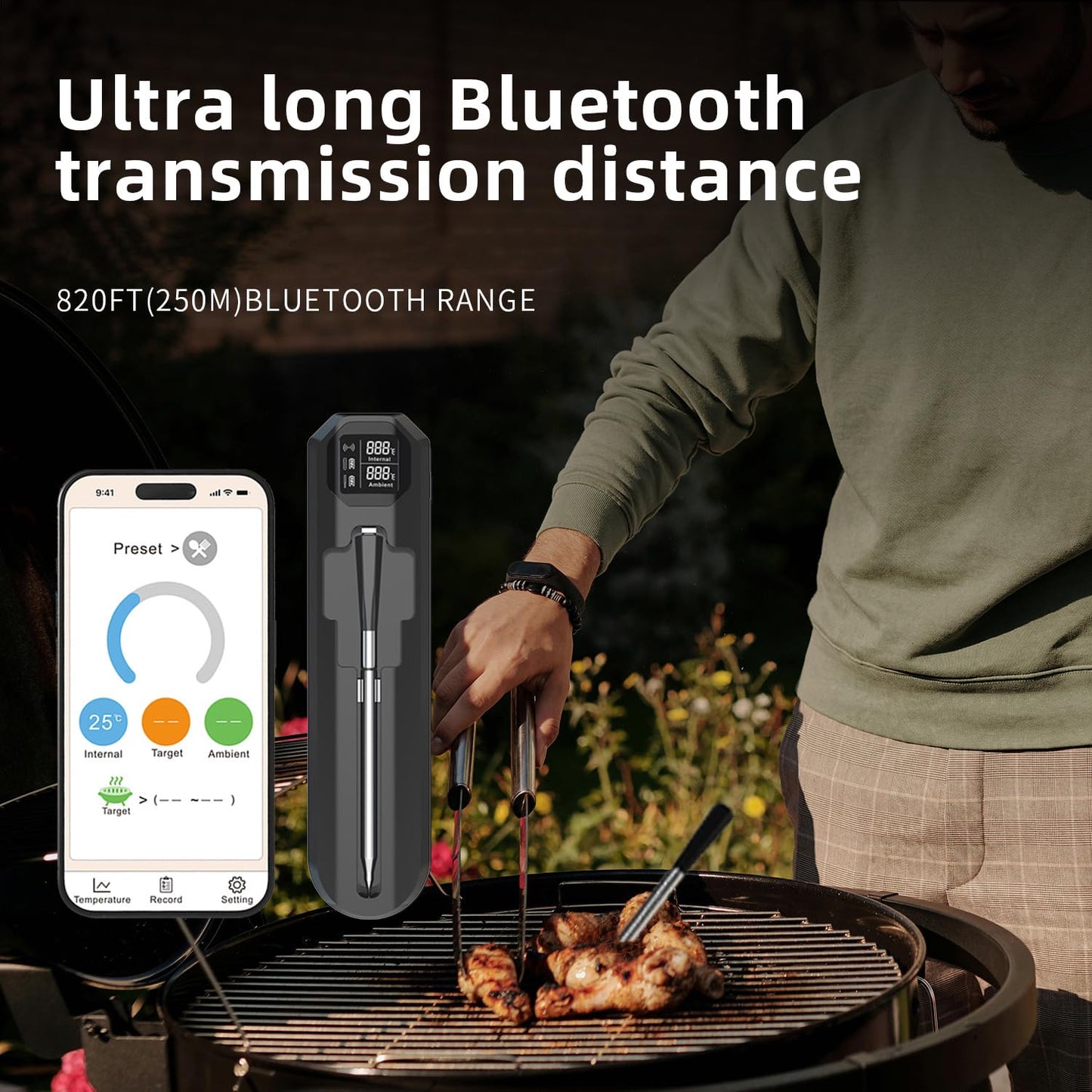 CoralBond Wireless Waterproof Probe Meat Cooking Thermometer Bluetooth 820ft Range VA HD Digital VB001