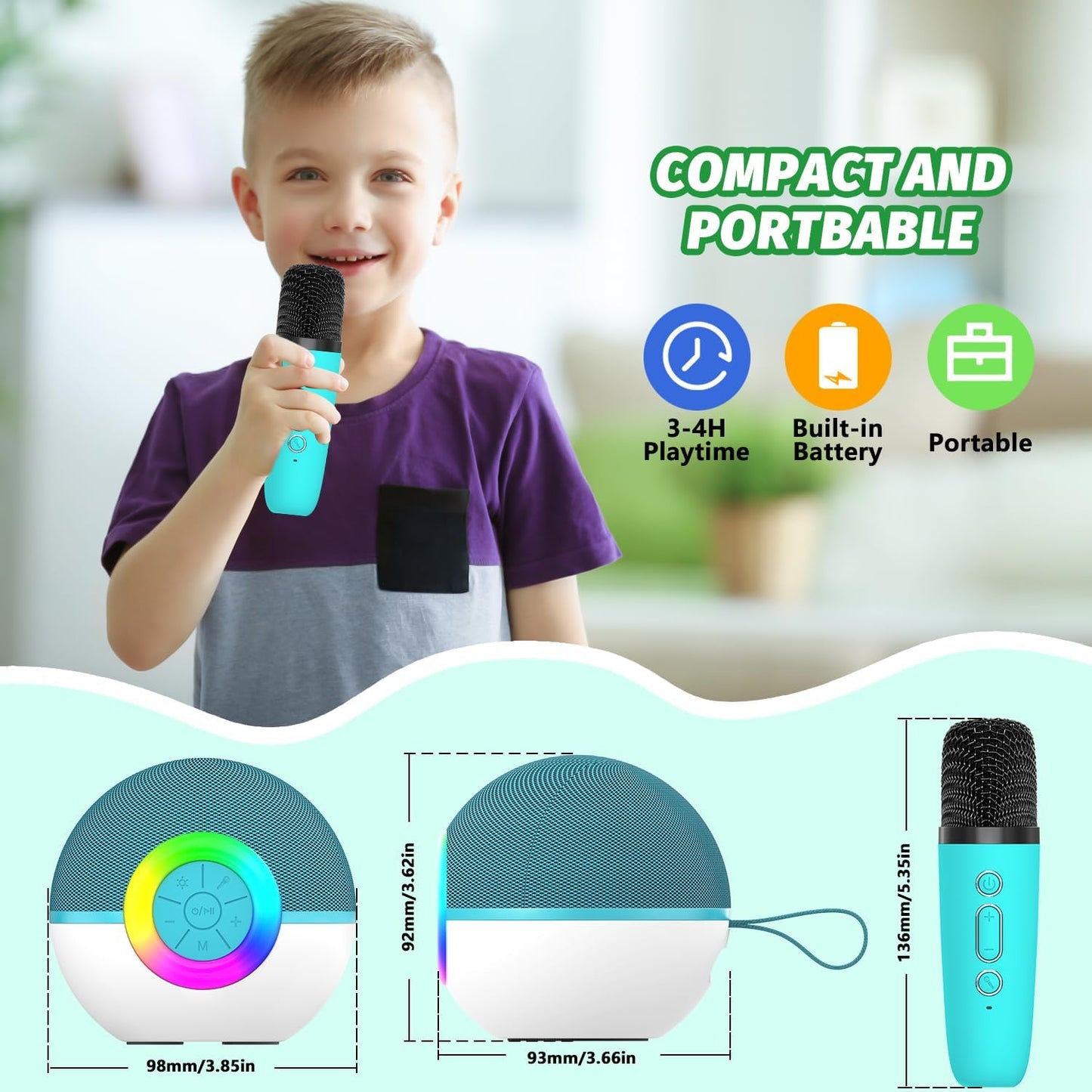 CoralBond Portable Mini Karaoke Machine Green Adults Bluetooth Speaker 2 Wireless Microphones VB048